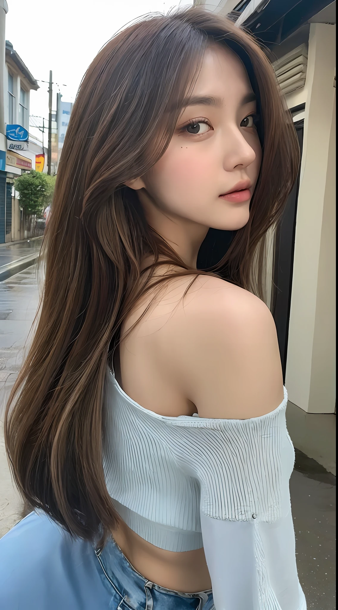 ((Top Quality, 8K, Masterpiece: 1.3)), Focus: 1.2, Perfect Body Beauty: 1.4, Ass: 1.2, Colossal, (Layered Haircut: 1.2)), (Rain, Street: 1.3), Bikini, Highly Detailed Face and Skin Texture, Delicate Eyes, Double Eyelids, Whitened Skin, Long Hair, (Round Face: 1.5)