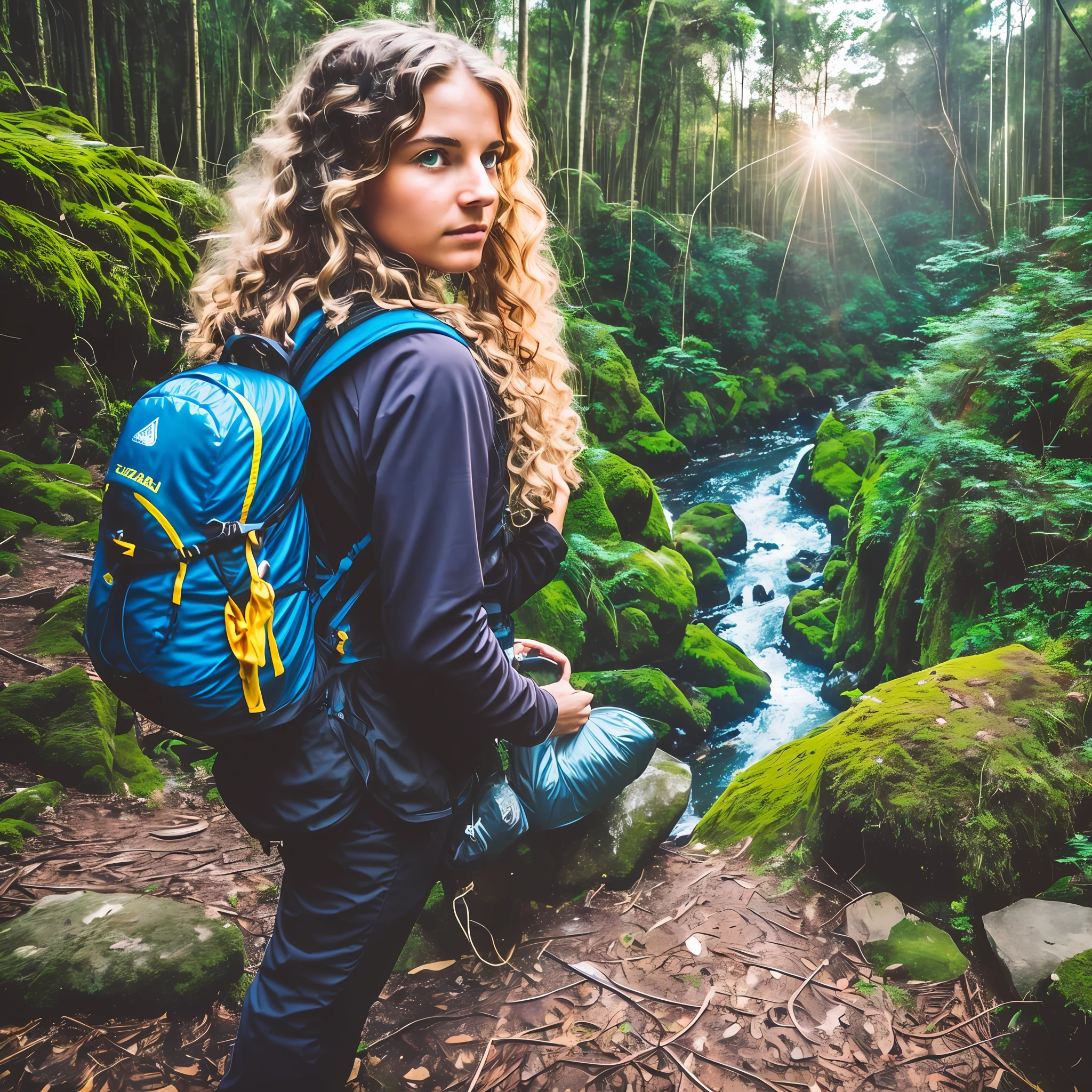 1 woman with wavy hair, blonde, blue-eyed ((photo taken by a second person, full body, back looking at the horizon)), masterpiece, best quality, ultra detailed, solo, outdoor, (night), mountains, nature, (sun, clouds, stars, moon) cheerful, happy, backpack, sleeping bag, camping stove, water bottle, mountain boots, black sweater, black pants, lantern, (((Brazilian forest)), stones, river, waterfall, tents, wood, smoke, shadows, contrast, clear sky, style, (warm hue, warm tone), 8k definition