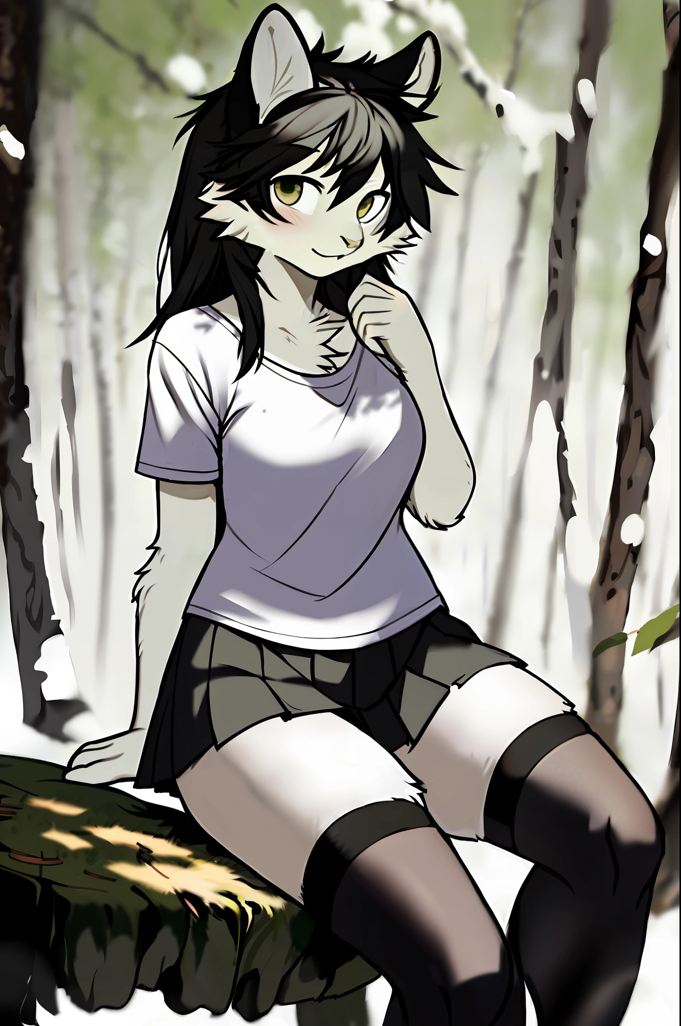 uzumaki himawari, black hair, messy hair, black thighhighs, grey eyes, plain t-shirt, long hair, skirt, thighhighs, himawari, anthropomorphic, cat, fur, white fur, solo, big eyes, female, masterpiece, best quality, thin tail, black fur, smooth tail, cat tail, by hioshiru, snowskau, foxovh. impasto impressionism, by Michael & Inessa Garmash, Ruan Jia, Pino Daeni, detailed background, nature background, sitting, furry thighs, blush
