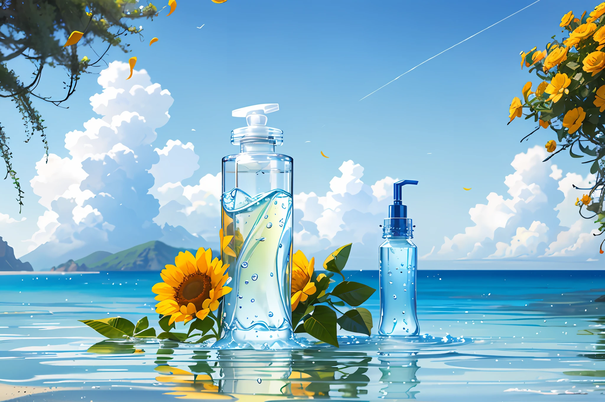 Hyper realistic scene, cosmetic bottle surrounded by yellow flowers, blue sky background, water, sunlight, low angle view, blender, product rendering, HD 8K. --v6
