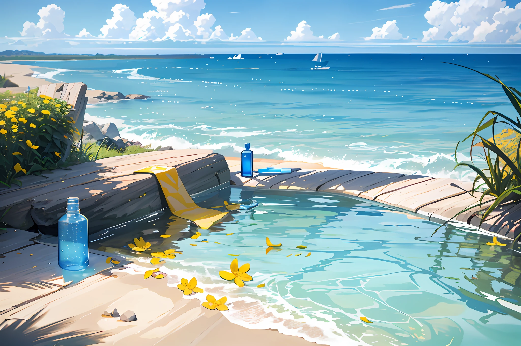 Hyper realistic scene, cosmetic bottle surrounded by yellow flowers, blue sky background, water, sunlight, low angle view, blender, product rendering, HD 8K. --v6