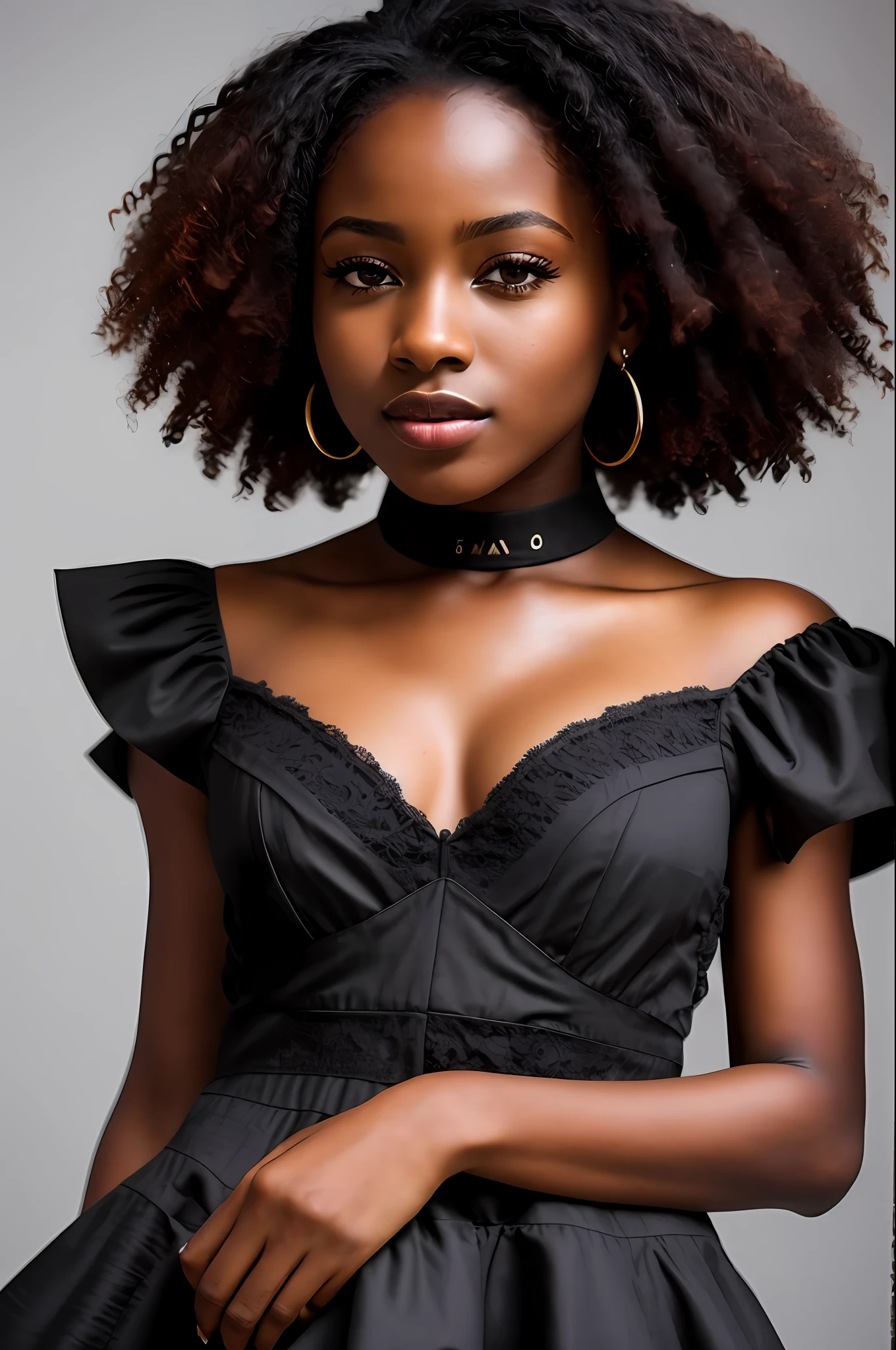 (8k, RAW photo, highest quality), beautiful young ebony girl, close-up, dress, (detailed eyes: 0.8), (looking at camera: 1.4), (highest quality), (best shadow), intricate details, interior, dark studio, muted colors, (to8contrast style), with a logo with the letters S and M with little opacity
