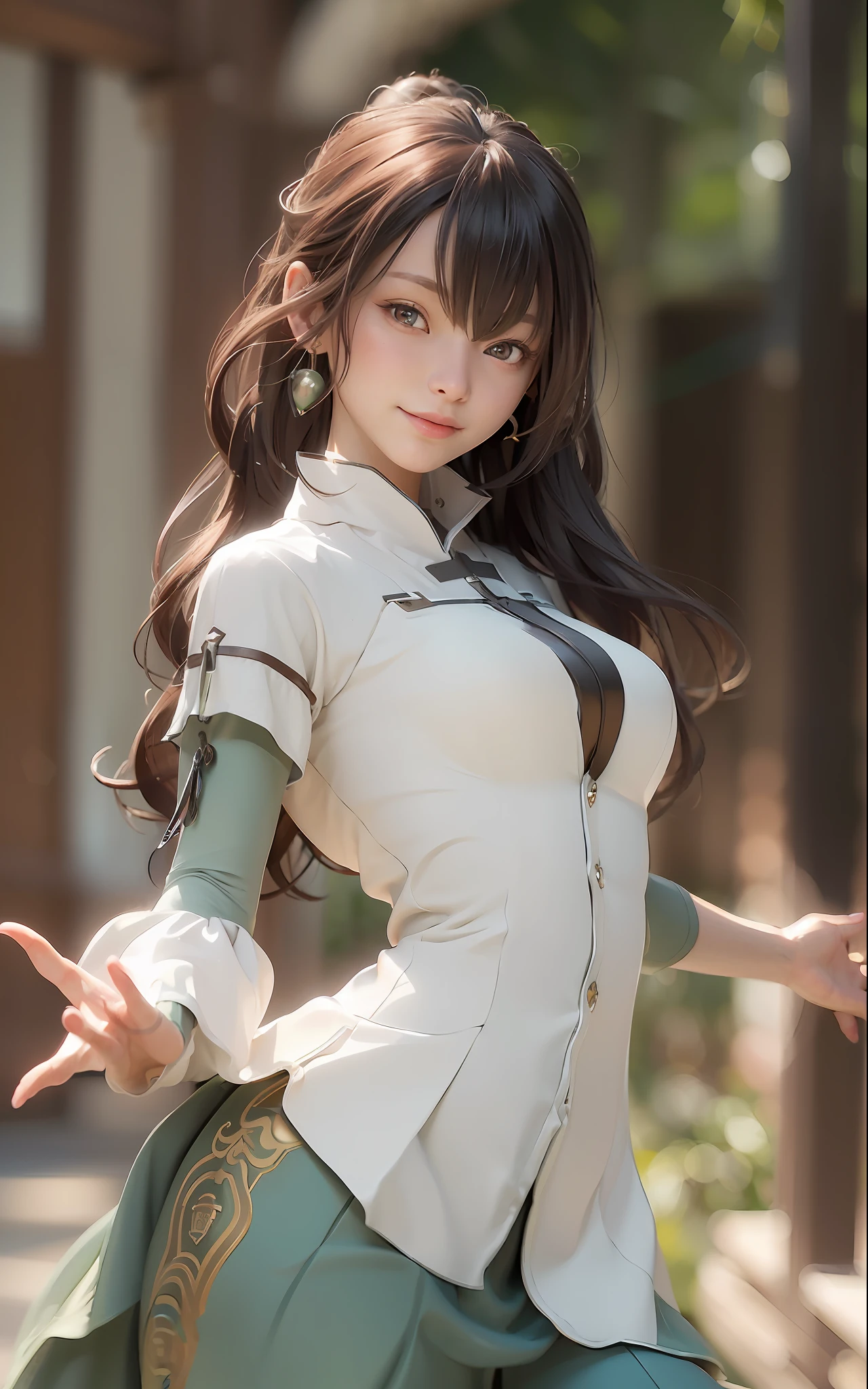 ((Best Quality)), (Masterpiece)), (Details: 1.4), 3D, Neat and clean modern woman image, Glowing brown hair, Beautiful brown eyes, Beautiful face, Dark blue pleated long skirt, white blouse, Small, Smile, Dynamic pose, Dynamic Angle, HDR, Ray Tracing, NVIDIA RTX, Super Resolution, Unreal 5, Subsurface scattering, PBR texturing, post-processing, anisotropic filtering, depth of field, maximum clarity and sharpness, multi-layer textures, albedo and specular maps, surface shading, accurate simulation of light-matter interactions, perfect proportions, octane rendering, two-tone lighting Wide aperture, low ISO, white balance, rule of thirds, 8K RAW,
