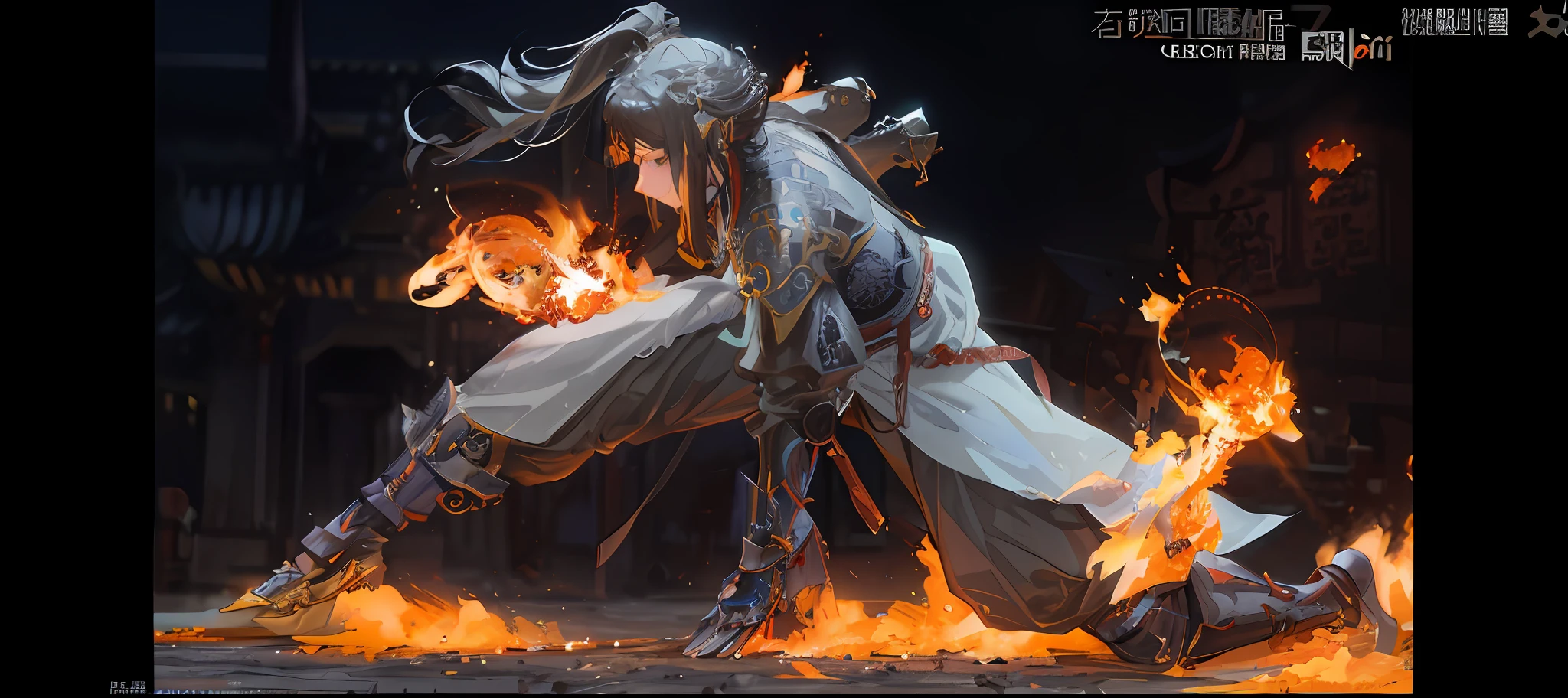 arafed image of a woman in armor kneeling on fire, chengwei pan on artstation, 2. 5 d cgi anime fantasy artwork, by Zhou Chen, cgsociety and fenghua zhong, by Yang J, high quality digital concept art, by Feng Zhu, 4k fantasy art, feng zhu concept art, by Yang Jin