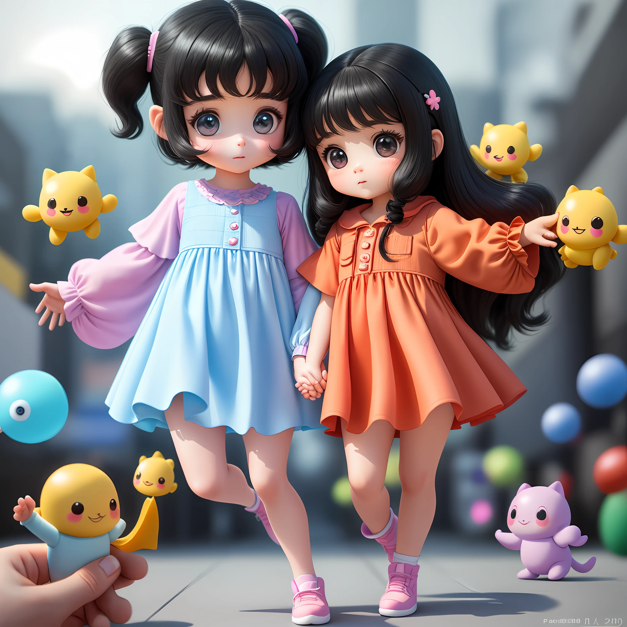 Full body 3D art of super cute girl, sisters holding hands,  of year little gs, only two chars, black hair of chiquinha, beautiful eyes, big eyes, cute, happy, c4d, pop Matt Blind Box, bright bubbles, toys, solid color background, chibi, translucent fluorescent, shiny body, kawaii, doll, pose holding hands,  reference sheet, blind box pop mart, pixar, complex details, 3d rendering, blender, OC renderer, foll body reference sheet, dribble, high details, 8k, studio lighting, loli, petite, child, chi, SD:1charactes://i.postimg.cc/hGpnPM73/Screenshot-20230602-170336.pn