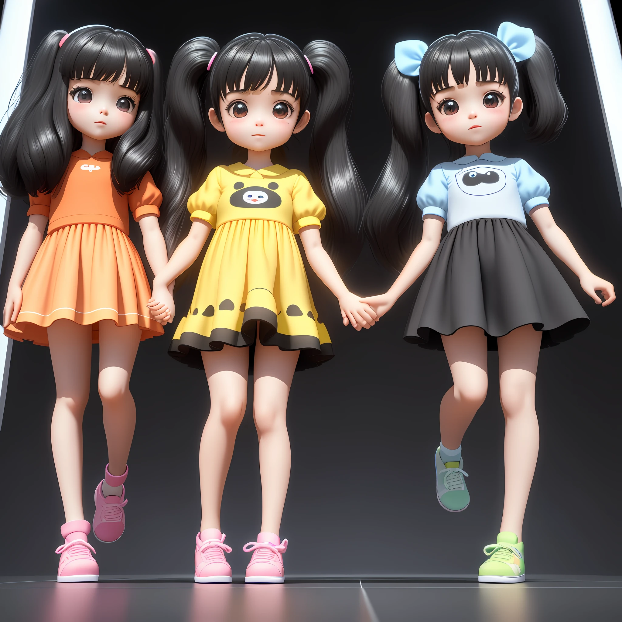 Full body 3D art of super cute girl, sisters holding hands, baby of year and little girl of years, only two characters, black hair of chiquinha, beautiful eyes, big eyes, cute, happy, c4d, pop Matt Blind Box, bright bubbles, toys, solid color background, chibi, translucent fluorescent, shiny body, kawaii, doll, pose holding hands, reference sheet, blind box pop mart, pixar, complex details, 3d rendering, blender, OC renderer, foll body reference sheet, dribble, high details, 8k, studio lighting, loli, petite, child, chibi, SD:1.1 characterhttps://i.postimg.cc/hGpnPM73/Screenshot-20230602-170336.pn