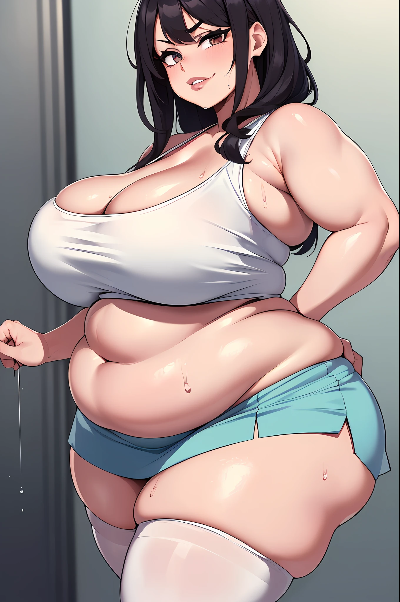 (Masterpiece, Best Quality, High Quality:1.4), (professional artwork, extremely detailed girl:1.0), 8k, detailed eyes, perfect face, 2girl, (voluptuous, mature female, plump, large lips:1.2), wide hips, thick thighs, heavy makeup, bottom heavy:1.4), (skindentation, long eyelashes, dark eyeshadow, looking at viewer, bright eyes, close up, annoyed, angry, huge ass, massive thighs, huge hips, sweat, sweaty, from below, fat, obese, big belly, huge belly, sagging breasts, sagging belly, cruel smile, sadistic smile, bloated belly, wobbling belly, bully, tube top, short skirt, stockings, pouring water down top, wet cleavage, wet top