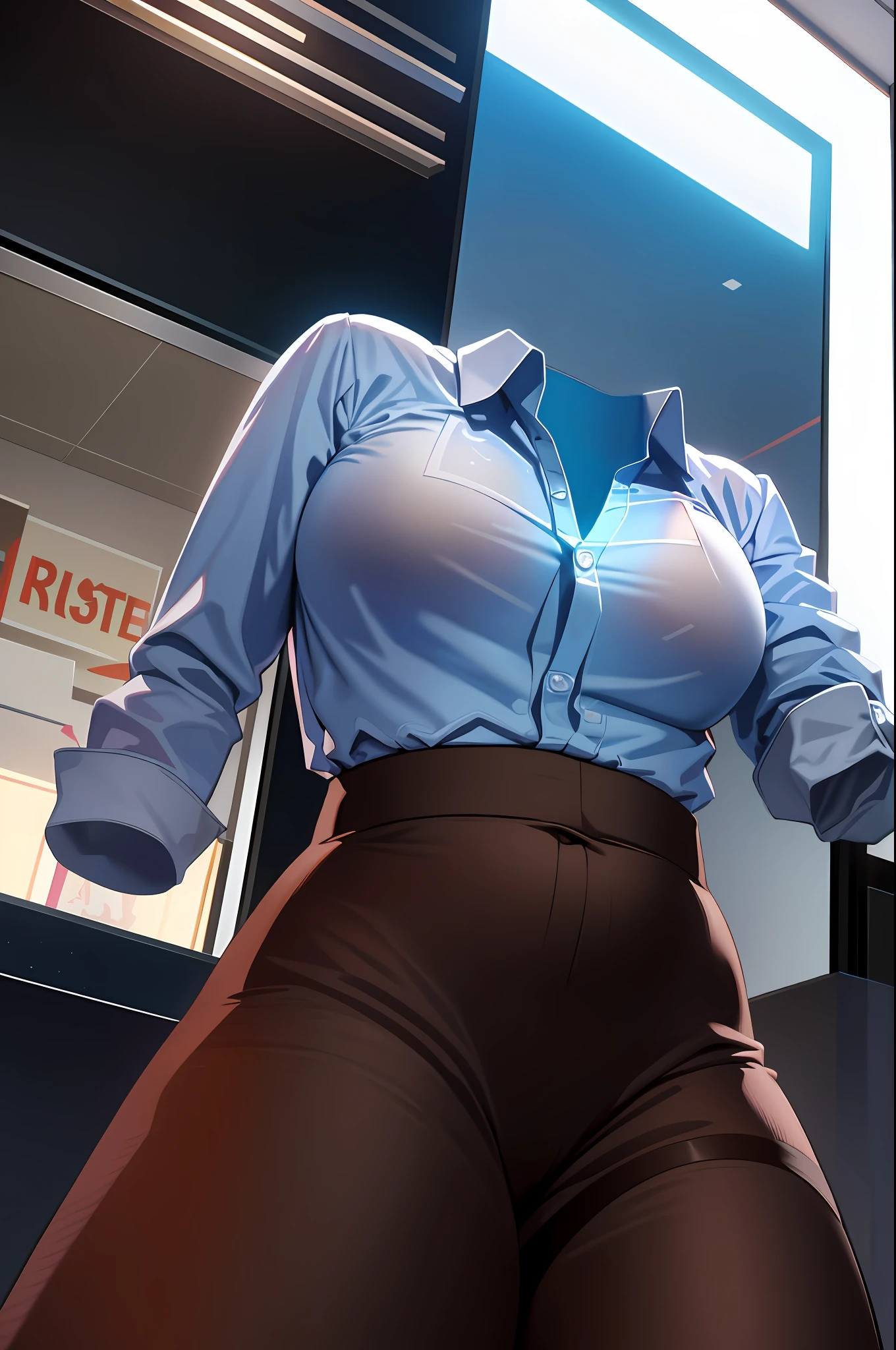 (masterpiece: 1.4), (best quality), (detailed), 1girl, ((invisible)), no humans, no face, no head, no eyes, office clothes, ((((futa))), large breasts, spasms, see-through shirt, erect, visible bra, from below