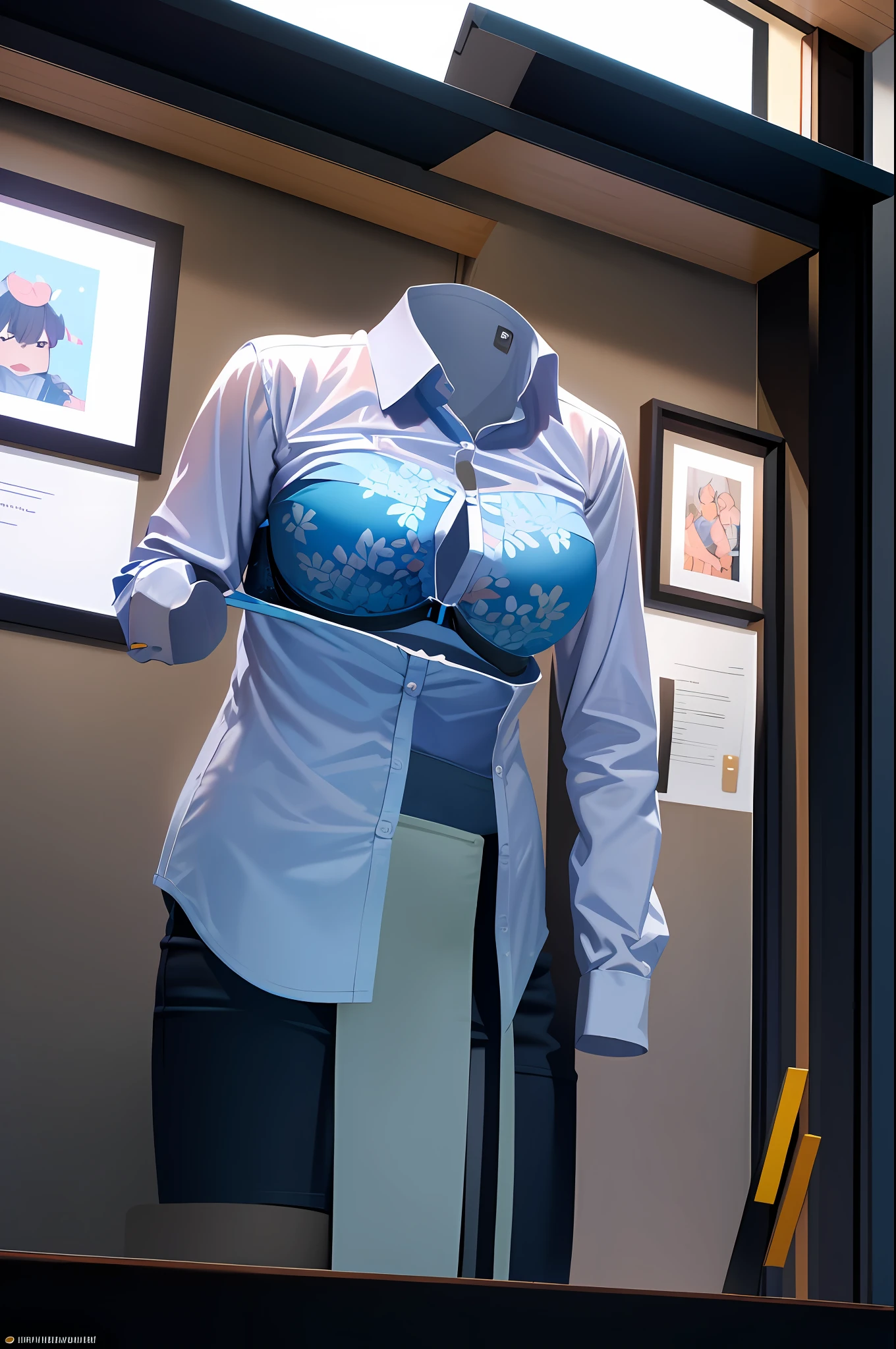 (masterpiece: 1.4), (best quality), (detailed), 1girl, ((invisible)), no humans, no face, no head, no eyes, office clothes, ((((futa))), large breasts, spasms, see-through shirt, erect, visible bra, from below