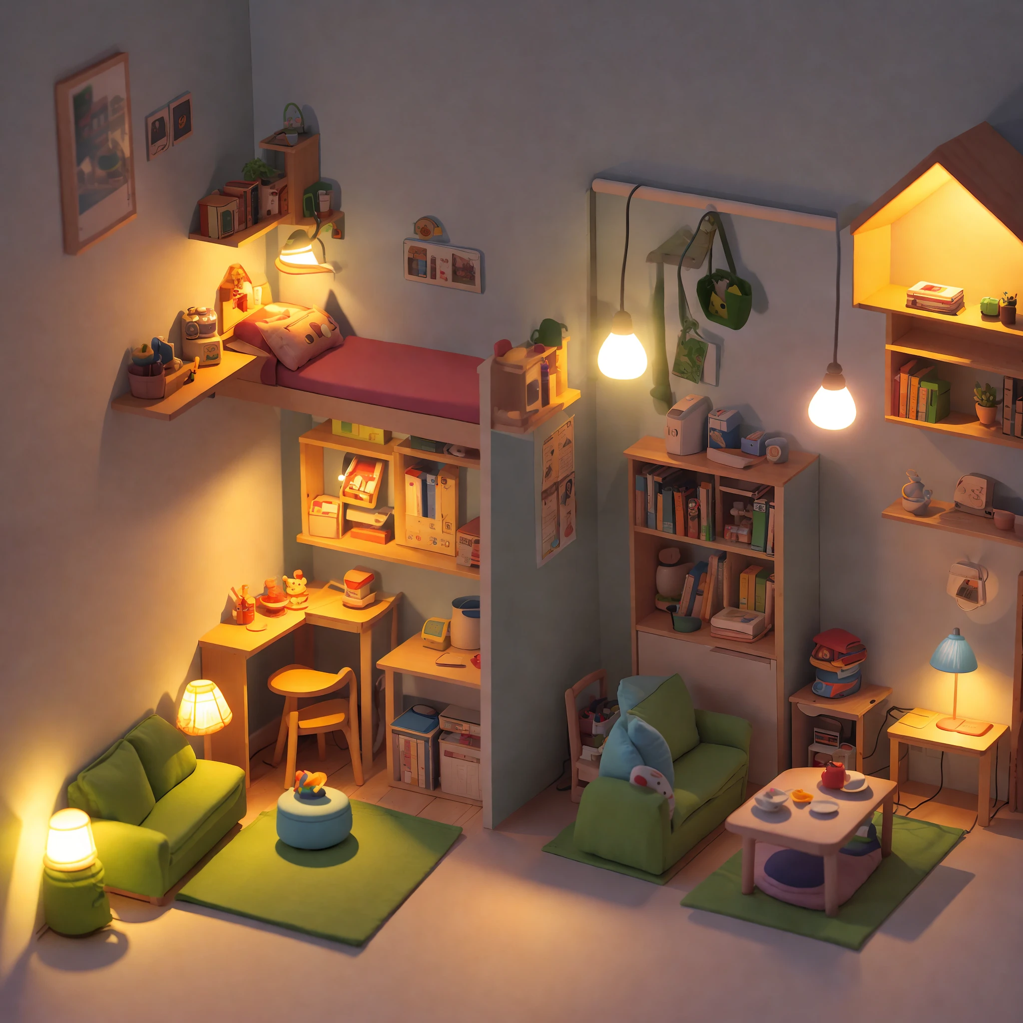 （Pixar style),A model of a cozy small room, miniature figure model, light source from right to left, Rumbrandt lighting, light source from right to left, (isometric view), (top-down), realistic scale, post-processing, ((orthogonal perspective)), super detail, realistic, super realistic, realistic render, rainbow color, glitter