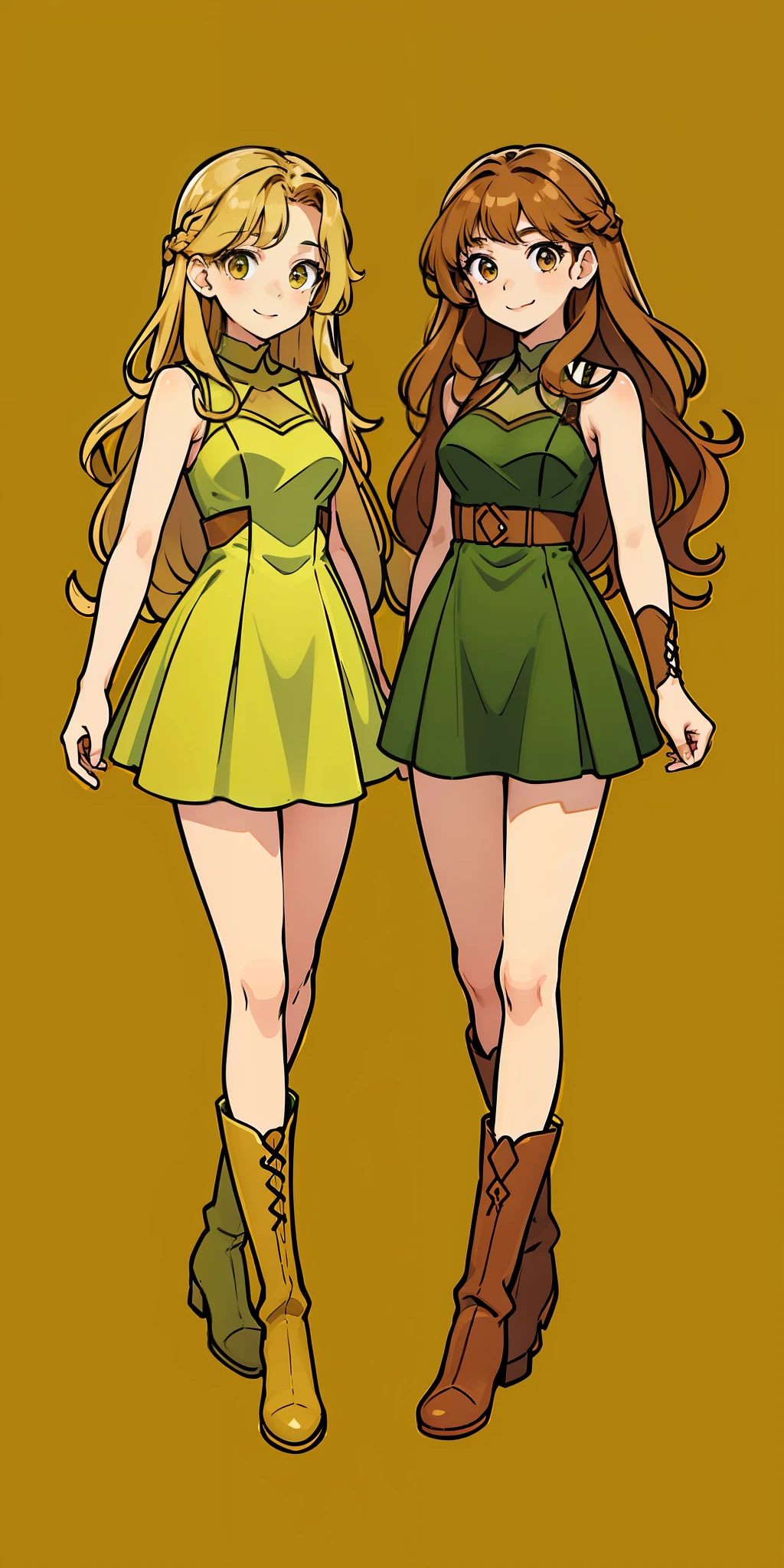Woman, brown hair, curly hair, long hair, hazel eyes, extremely detailed, smile, green dresses, tight dresses, same color dresses, sleeveless dresses, elbow length gloves, full body shot, matching outfits, identical outfits, brown hair, blonde hair, different hair colors, twin sisters, knee high boots