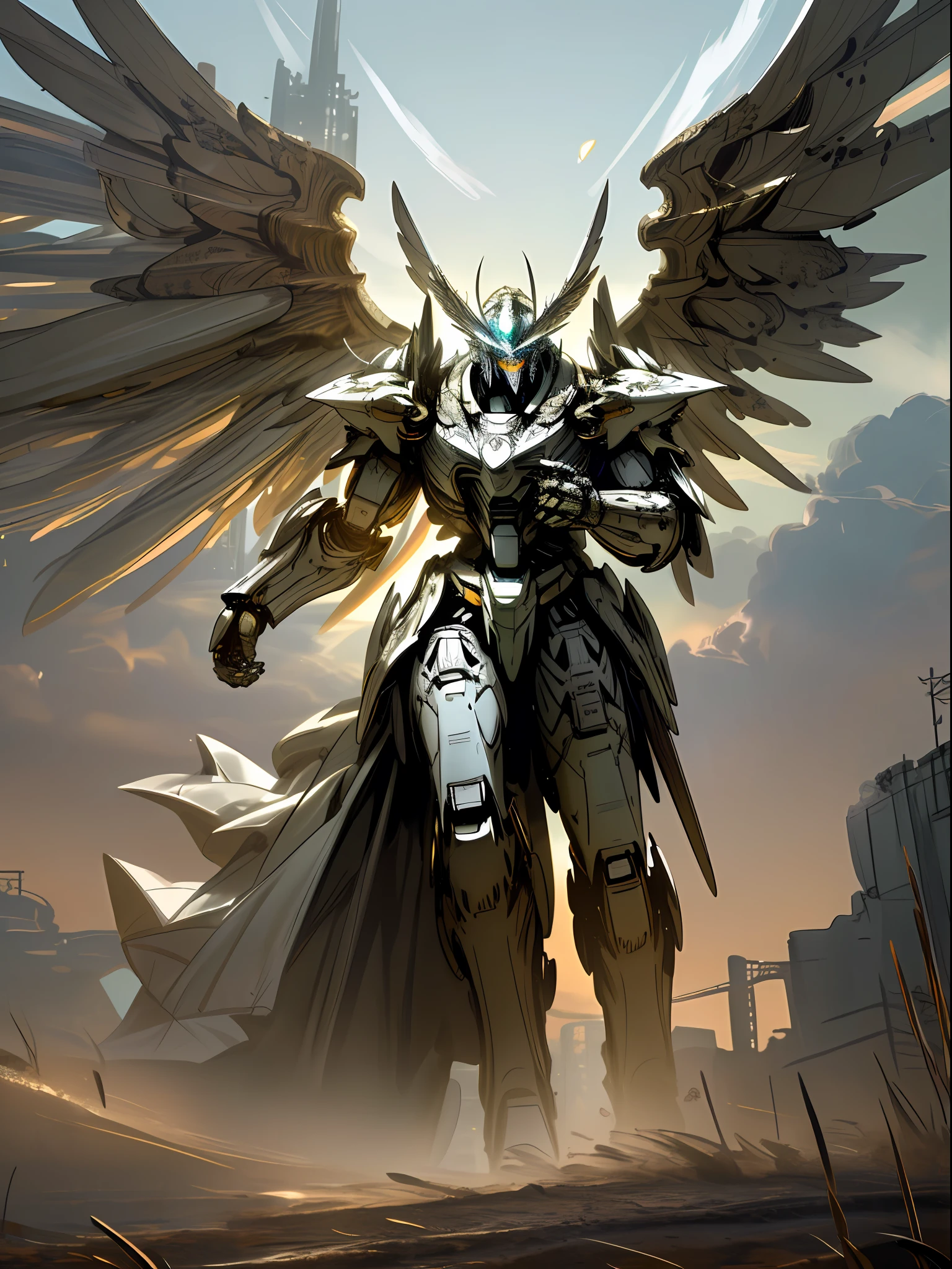 (masterpiece, best quality:1.3),extremely high detailed, intricate, 8k, HDR, wallpaper, cinematic lighting, sky, flying, holding weapon, glowing, armor, glowing eyes, mecha, realistic,mecha, large wings,