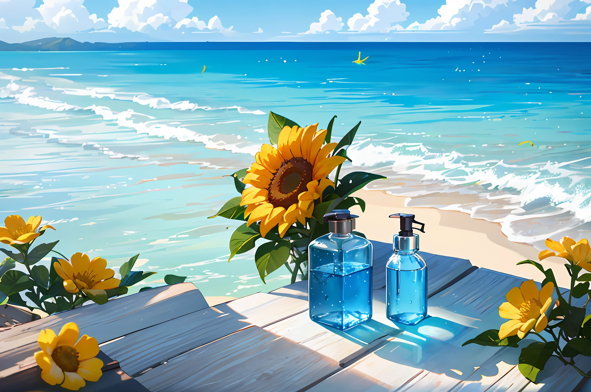 Hyper realistic scene, cosmetic bottle surrounded by yellow flowers, blue sky background, water, sunlight, low angle view, blender, product rendering, HD 8K. --v6