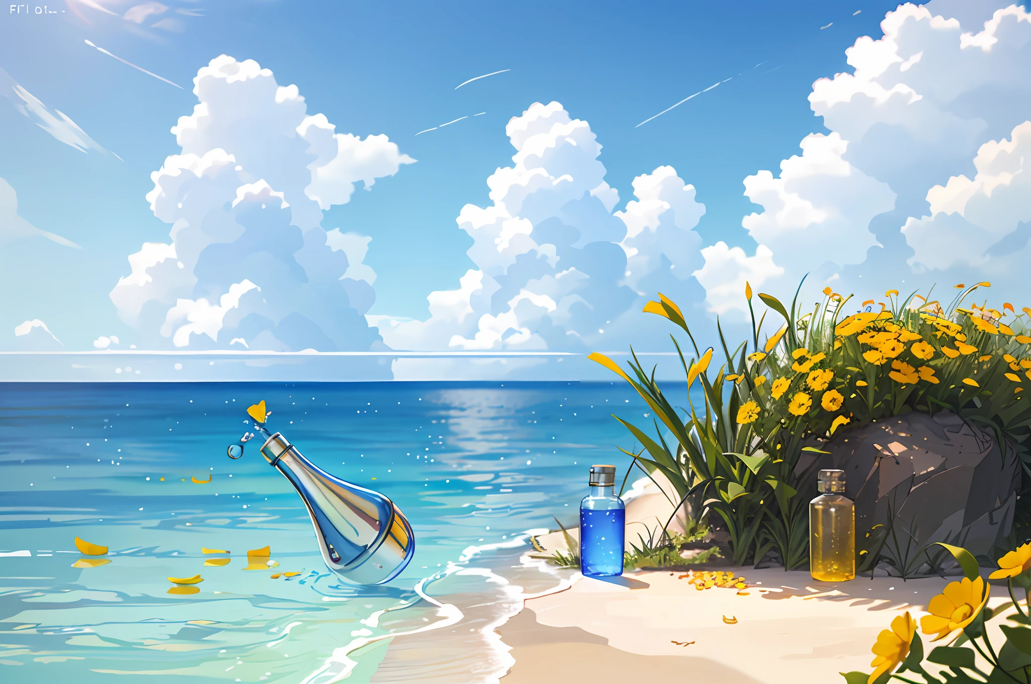 Hyper realistic scene, cosmetic bottle surrounded by yellow flowers, blue sky background, water, sunlight, low angle view, blender, product rendering, HD 8K. --v6