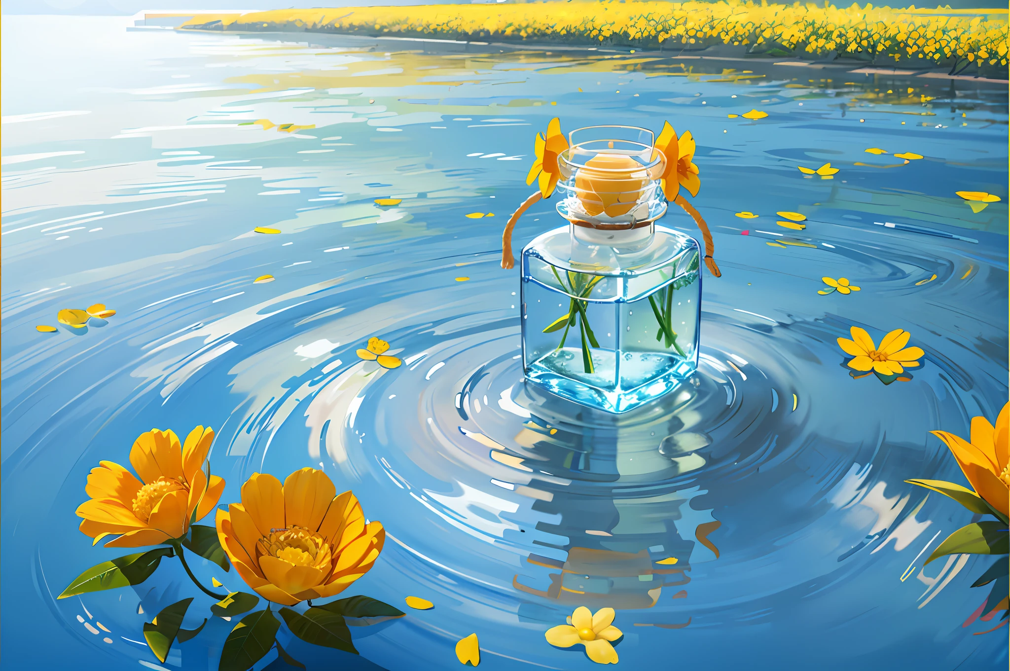 Hyper realistic scene, cosmetic bottle surrounded by yellow flowers, blue sky background, water, sunlight, low angle view, blender, product rendering, HD 8K. --v6