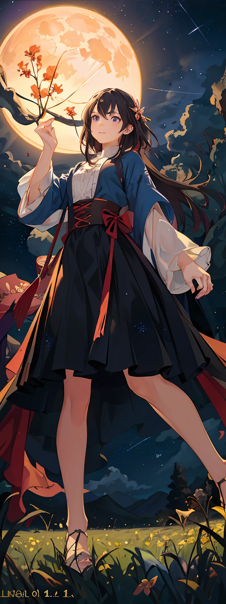 Vast landscape photos, (from below, the sky above, open fields below), a girl standing on a flower field looking up, characters 0.5 (Full Moon: 1.2), (Meteors: 0.9), (Nebula: 1.3), distant mountains, trees BREAK Making art, (warm light source: 1.2), (Firefly: 1.2), lamps, lots of purple and orange, intricate details, volumetric lighting, realism BREAK (Masterpiece: 1.2), (Best Quality), 4K, Ultra-Detailed, (Dynamic Composition: 1.4), Very Detailed, Colorful Detail, (Iridescent Color: 1.2), (Glow, Atmospheric Illumination), Dreamy, Magical, (Solo: 1.2), (Stars Fishing on the Ground 1.4)