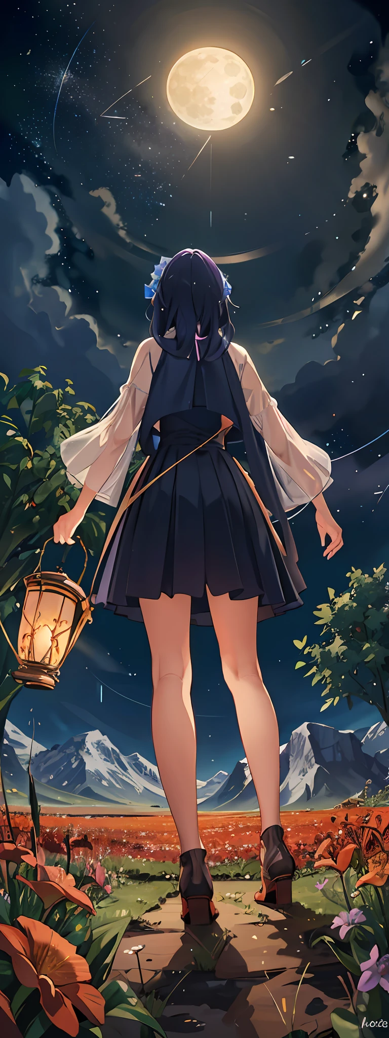 Vast landscape photos, (from below, the sky above, open fields below), a girl standing on a flower field looking up, characters 0.5 (Full Moon: 1.2), (Meteors: 0.9), (Nebula: 1.3), distant mountains, trees BREAK Making art, (warm light source: 1.2), (Firefly: 1.2), lamps, lots of purple and orange, intricate details, volumetric lighting, realism BREAK (Masterpiece: 1.2), (Best Quality), 4K, Ultra-Detailed, (Dynamic Composition: 1.4), Very Detailed, Colorful Detail, (Iridescent Color: 1.2), (Glow, Atmospheric Illumination), Dreamy, Magical, (Solo: 1.2), (Stars Fishing on the Ground 1.4)