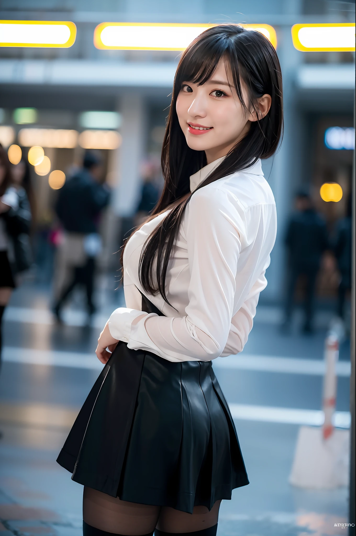 (8k, RAW photo, Best Quality, Masterpiece: 1.4), Ultra HD, (Real, Photorealistic: 1.48), Omertosa, 1 girl, (Aegyo: 1.2), Cute,smile, (Ultra bokeh night city center:1.25), bokeh, night, traffic lights, street signs, rain, after rain, wet, professional lighting, detailed lighting, photon mapping, radiosity, physically based rendering, flowers in black pantyhose , backlighting, depth of field, natural light, hard focus, film grain, 1 meter shooting distance, professional photography, shot with Sony a9 II mirrorless camera, detailed eyes, realistic eyes, detailed shadows, viewer Look, dog ears, detailed lighting, skirt, black skirt, knee socks, black thigh high socks, (detailed hair, realistic hair, realistic lighting, realistic shadows, realistic clothing), realistic skin (gun on waist: 1), realistic light reflection from above, ((arm behind back)), (behind hand), tube top, sexy,zettai  ryouiki,