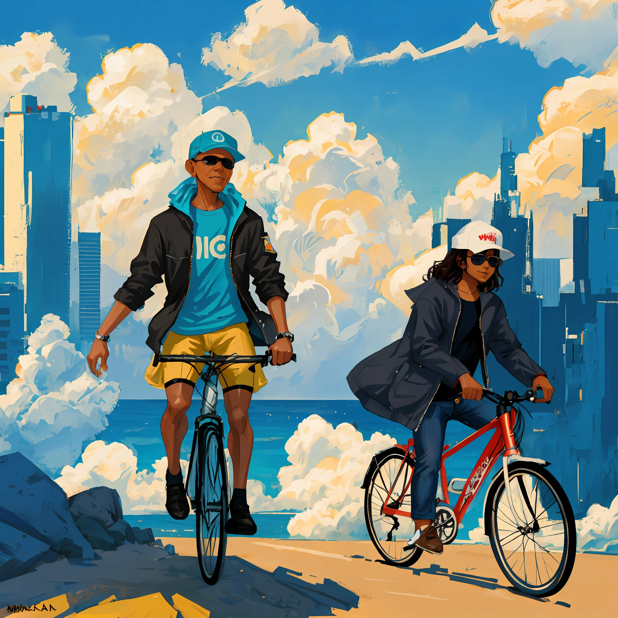 Obama riding the city on a bike with Michael Jackson on super detailed beach