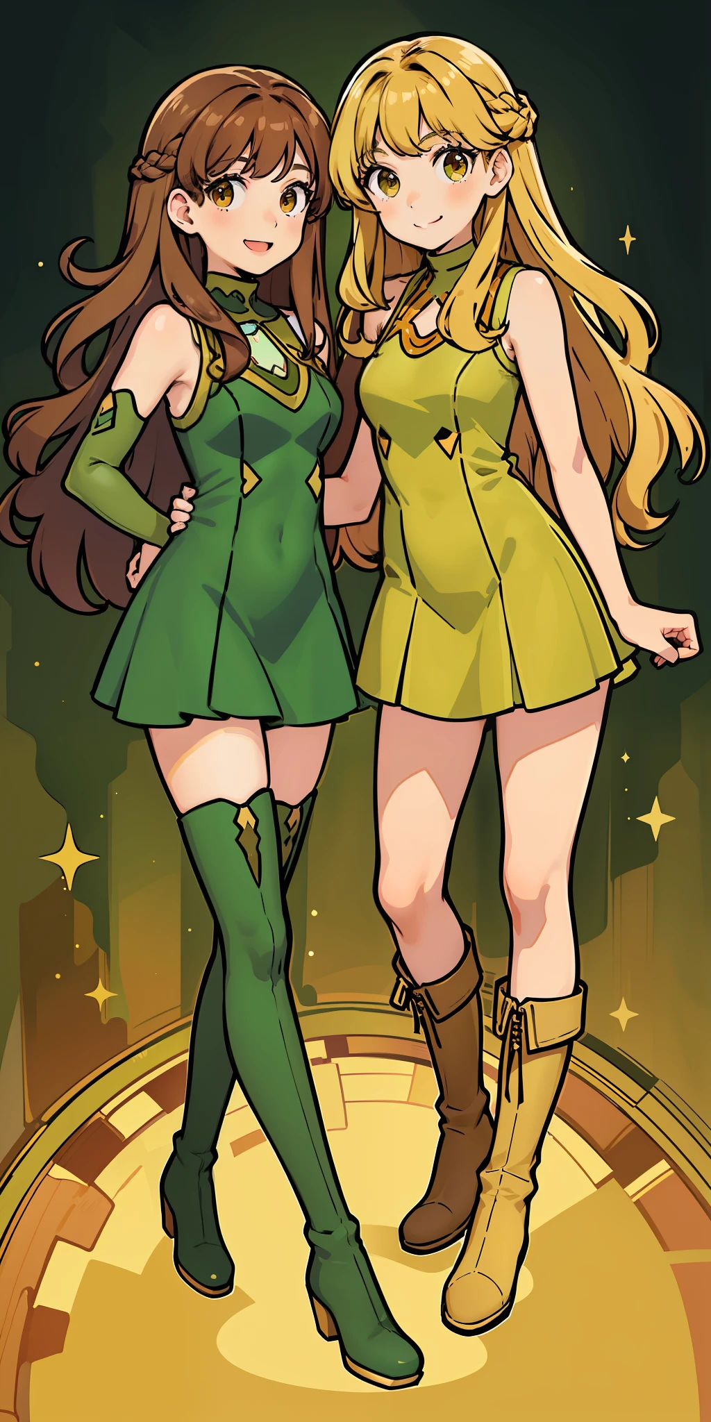 Woman, brown hair, curly hair, long hair, hazel eyes, extremely detailed, smile, green dresses, tight dresses, same color dresses, sleeveless dresses, elbow length gloves, full body shot, matching outfits, identical outfits, brown hair, blonde hair, different hair colors, twin sisters, knee high boots