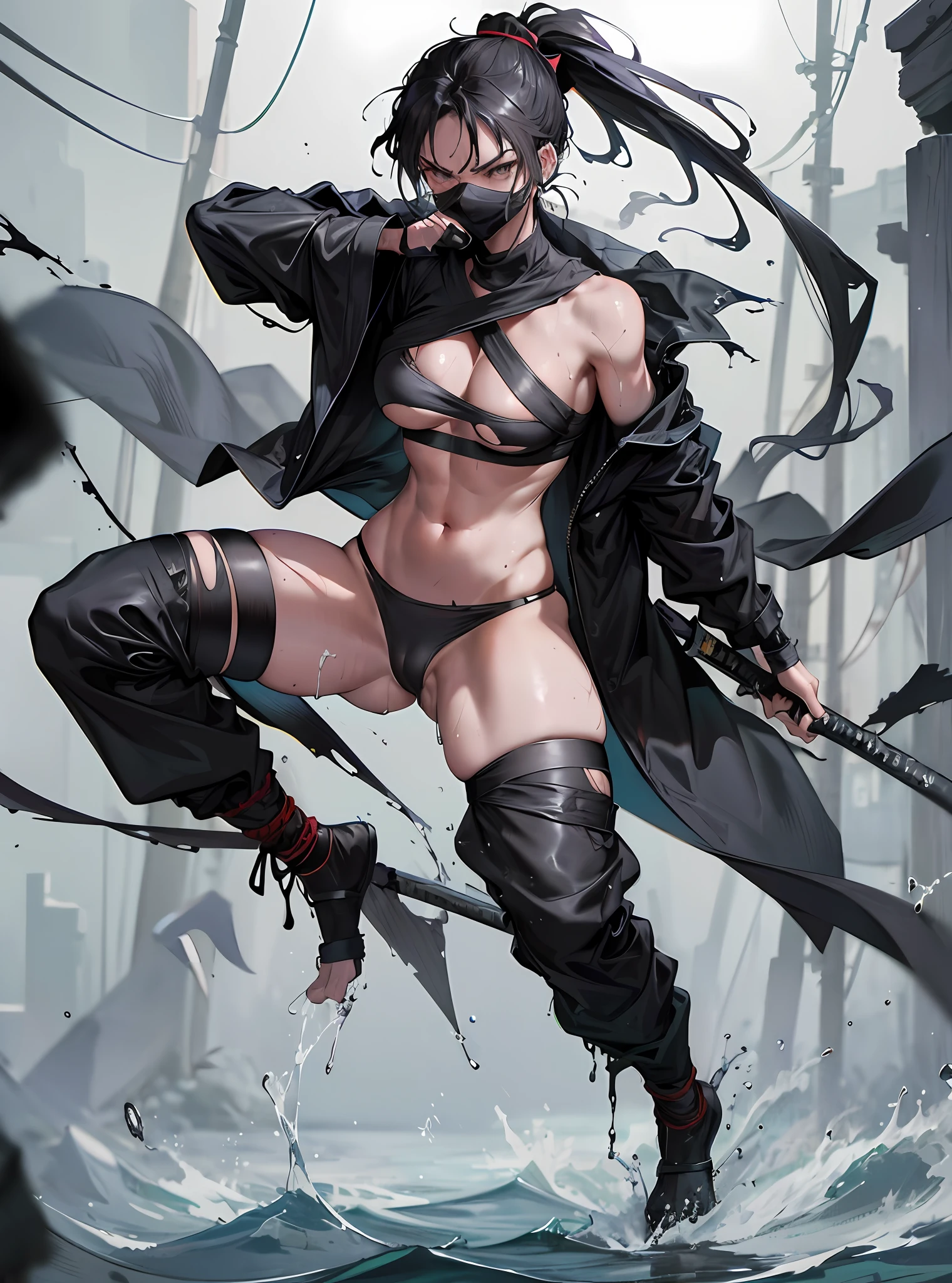 Prisoner of war, ninja, ponytail, black mask, medium big breasts, torn clothes, cloth wrapped around chest, restraint, angry, slanted eyes, rope, full body wet, wet crotch, wet thighs, watery eyes , shy, seductive body, best quality, masterpiece,ninja running, holding a tanto