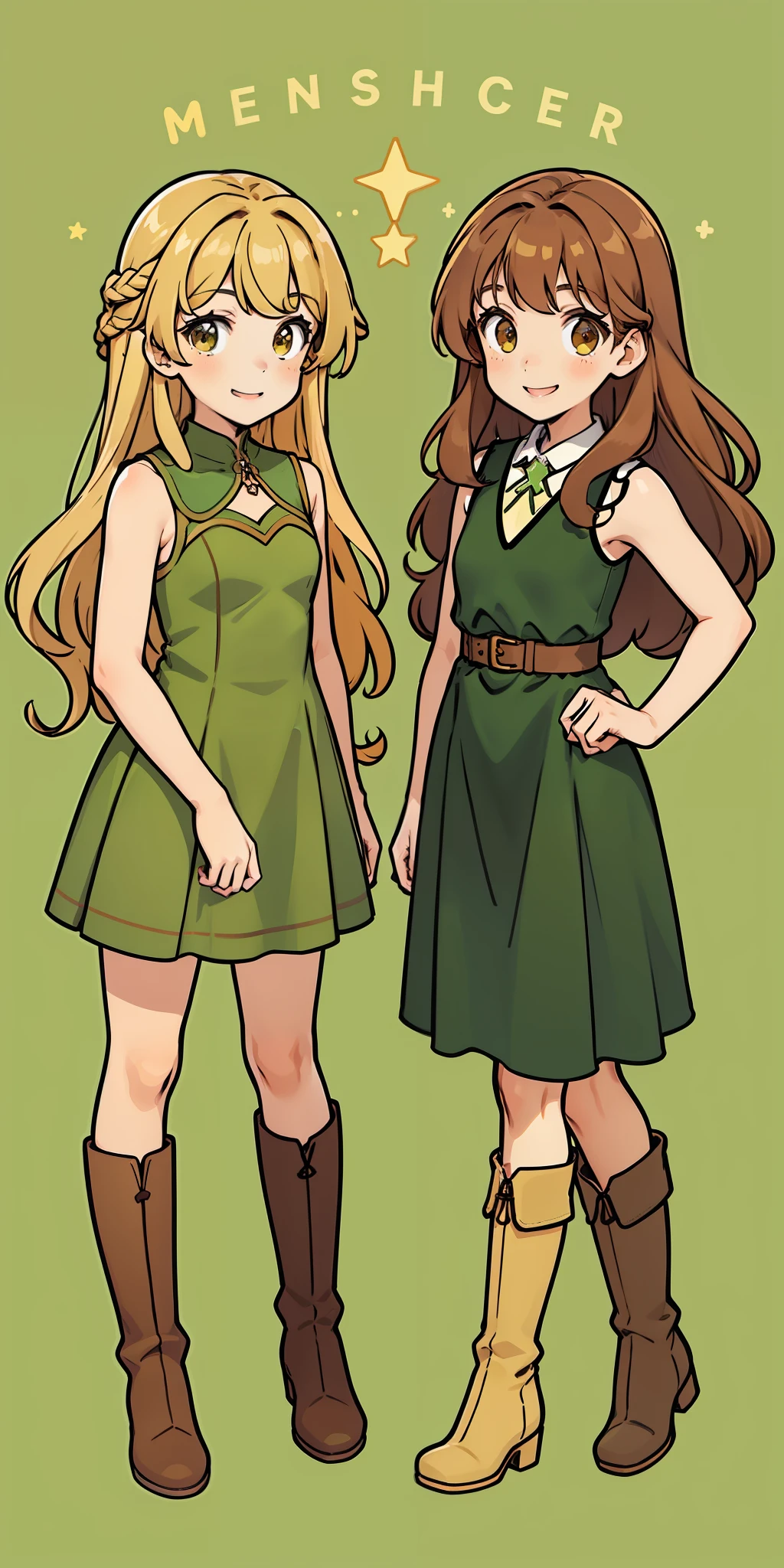 Woman, brown hair, curly hair, long hair, hazel eyes, extremely detailed, smile, green dresses, tight dresses, same color dresses, sleeveless dresses, elbow length gloves, full body shot, matching outfits, identical outfits, brown hair, blonde hair, different hair colors, twin sisters, knee high boots