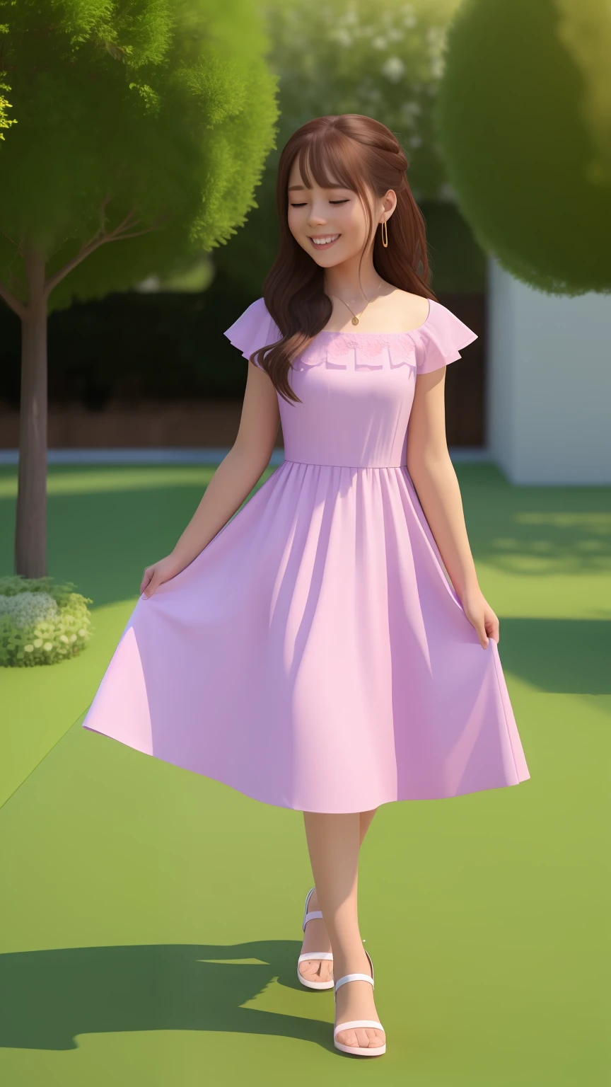 3D a is com flores: 1.23, (((solo))), telegram sticker, no parque, creating a soft, long dress female, video animation, girl afro- futurista brown hair, close-up afeições faciais detalhadas, (((sombreamento cinematográfico))), freedom, profile image, standing confidently, she is the center of the garden, smiling face, listing image, 8k, dreams