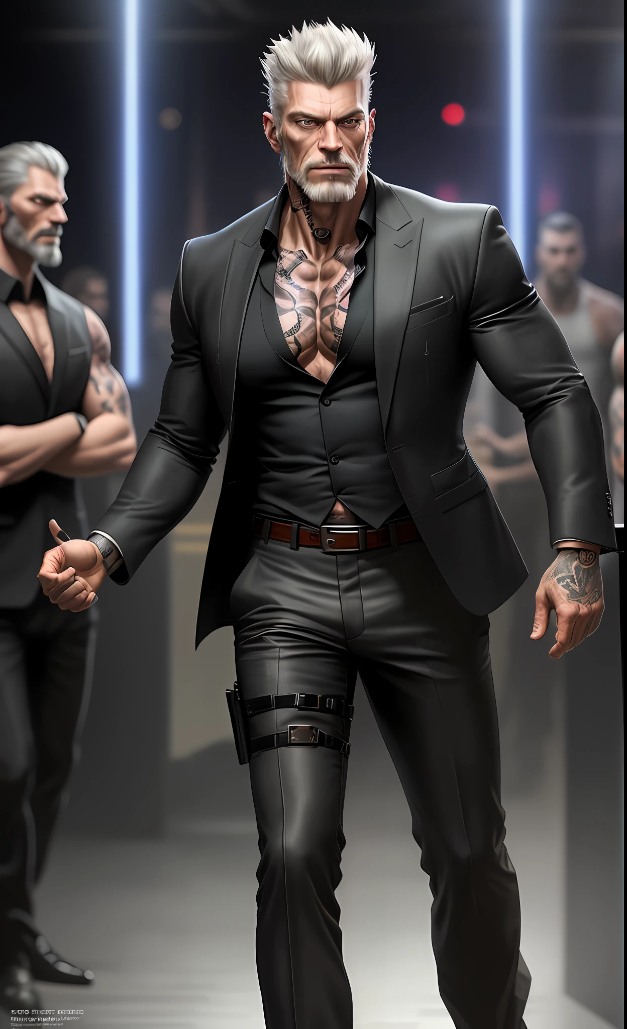 Extremely detailed, very realistic, very sharp, hyper realistic, best quality, masterpiece, 50 age, tall muscled, grizzled (stylish) hair, stubble, Stephen Lang, ((scars)), pants, evil, boots, concealed pistol holster, (((nightclub))), ((blazer)), ((tattoos)), goatee, black hair, hazel eyes,