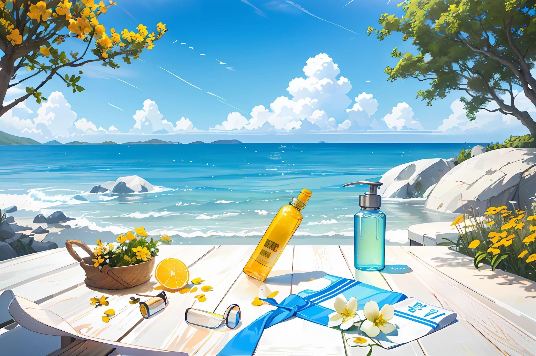 Hyper realistic scene, cosmetic bottle surrounded by yellow flowers, blue sky background, water, sunlight, low angle view, blender, product rendering, HD 8K. --v6
