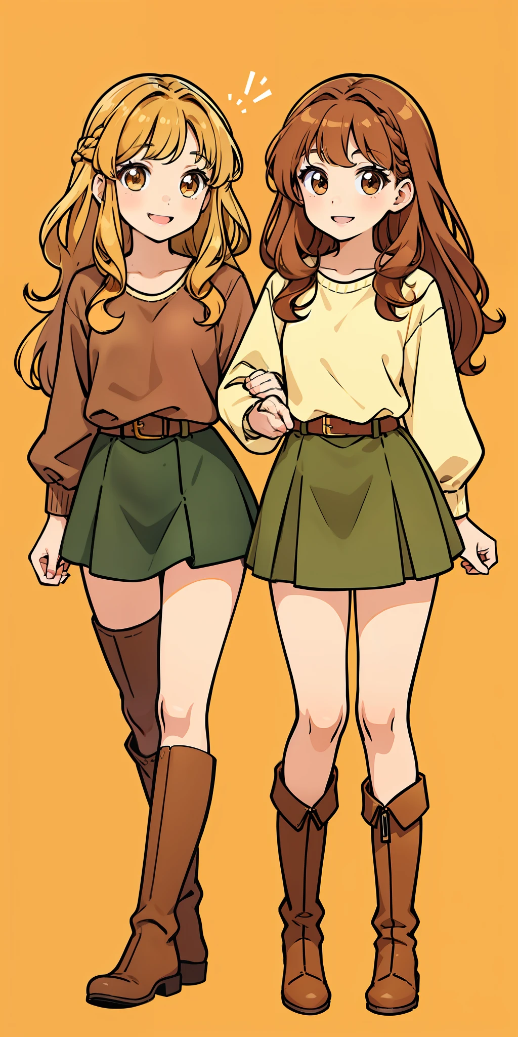 Woman, brown hair, curly hair, long hair, hazel eyes, extremely detailed, smile, casual clothes, same color outfits, full body shot, matching outfits, identical outfits, brown hair, blonde hair, different hair colors, twin sisters, knee high boots