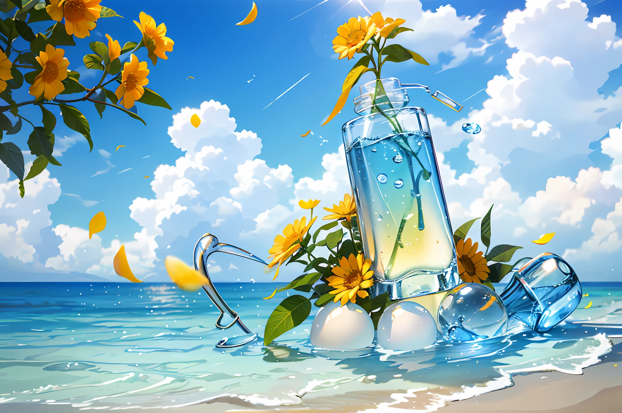 Hyper realistic scene, cosmetic bottle surrounded by yellow flowers, blue sky background, water, sunlight, low angle view, blender, product rendering, HD 8K. --v6