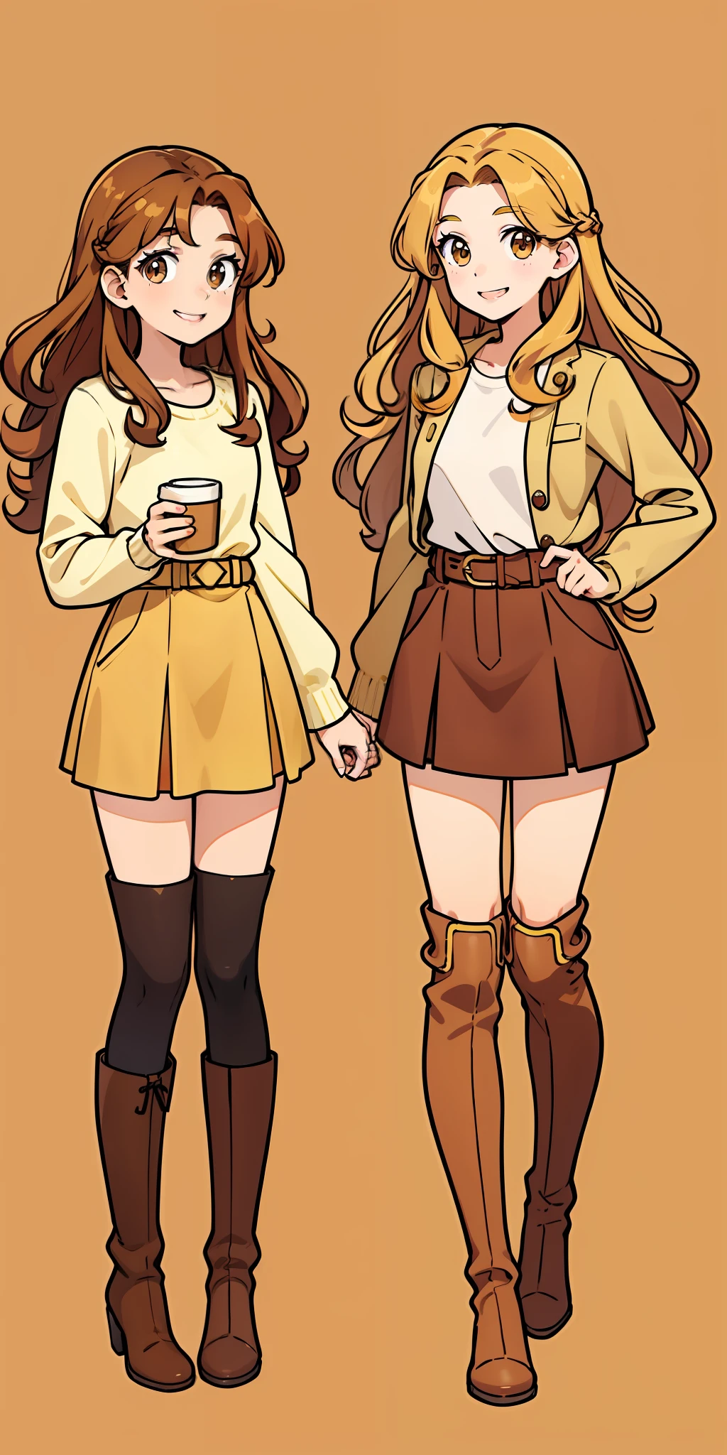 Woman, brown hair, curly hair, long hair, hazel eyes, extremely detailed, smile, casual clothes, same color outfits, full body shot, matching outfits, identical outfits, brown hair, blonde hair, different hair colors, twin sisters, knee high boots
