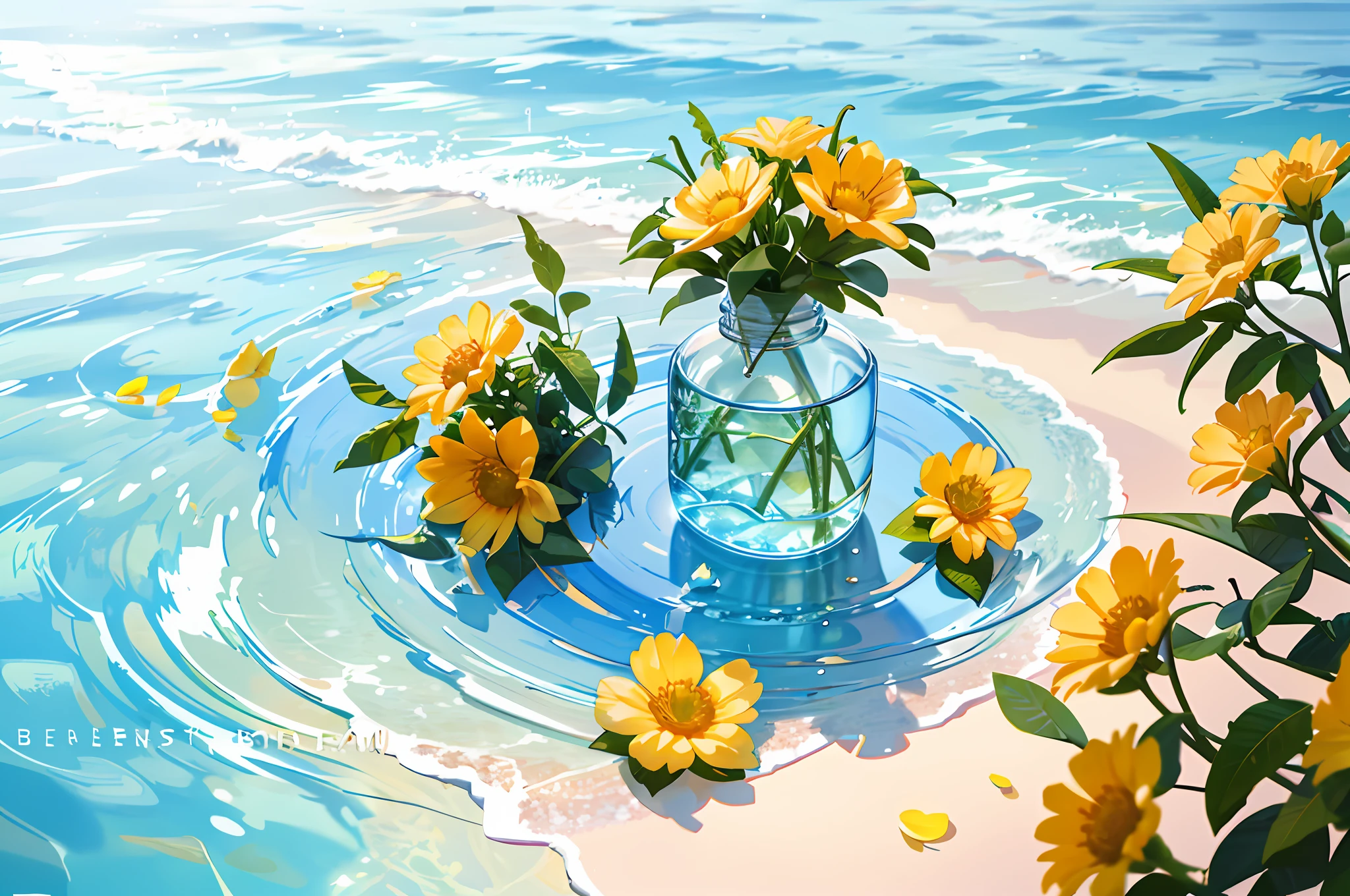 Hyper realistic scene, cosmetic bottle surrounded by yellow flowers, blue sky background, water, sunlight, low angle view, blender, product rendering, HD 8K. --v6