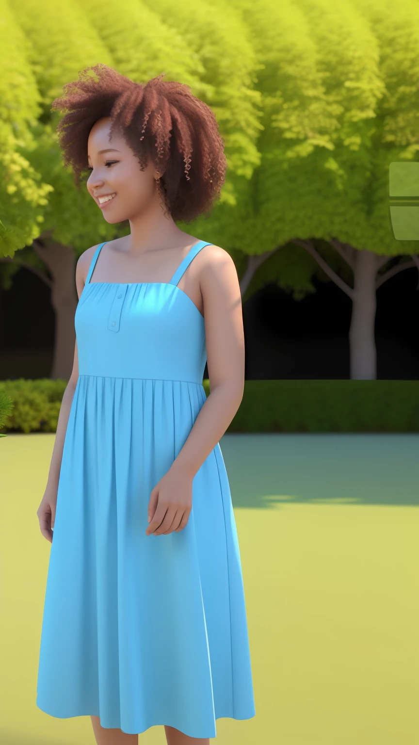 (((3D))), a is com flores: 1.23, (((solo))), telegram sticker, no parque, creating a soft, long dress female, video animation, girl afro- futurista brown hair, close-up afeições faciais detalhadas, (((sombreamento cinematográfico))), freedom, profile image, standing confidently, she is the center of the garden, smiling face, listing image, 8k, dreams