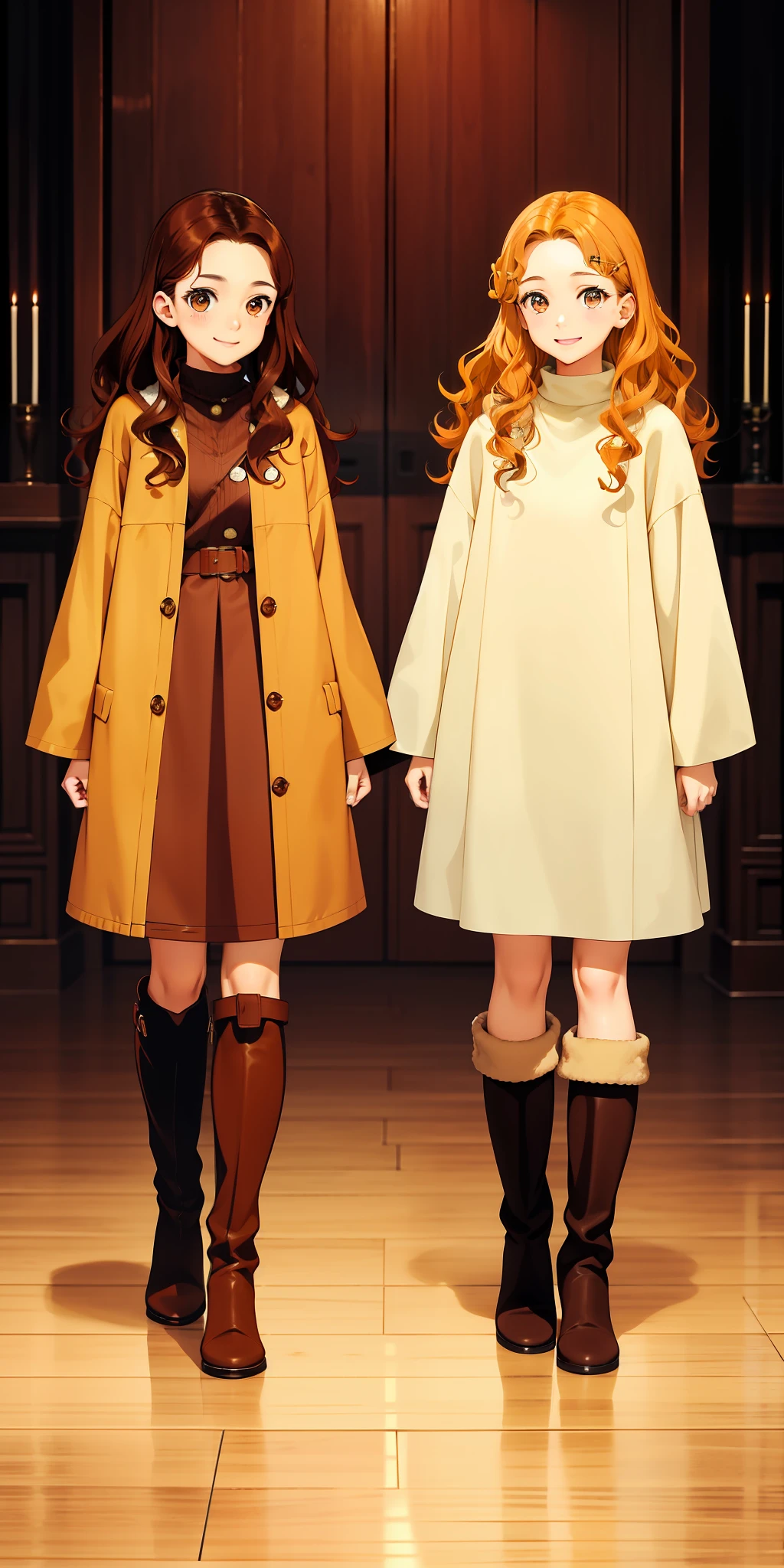 Woman, brown hair, curly hair, long hair, hazel eyes, extremely detailed, smile, casual clothes, same color outfits, full body shot, matching outfits, identical outfits, brown hair, blonde hair, different hair colors, twin sisters, knee high boots