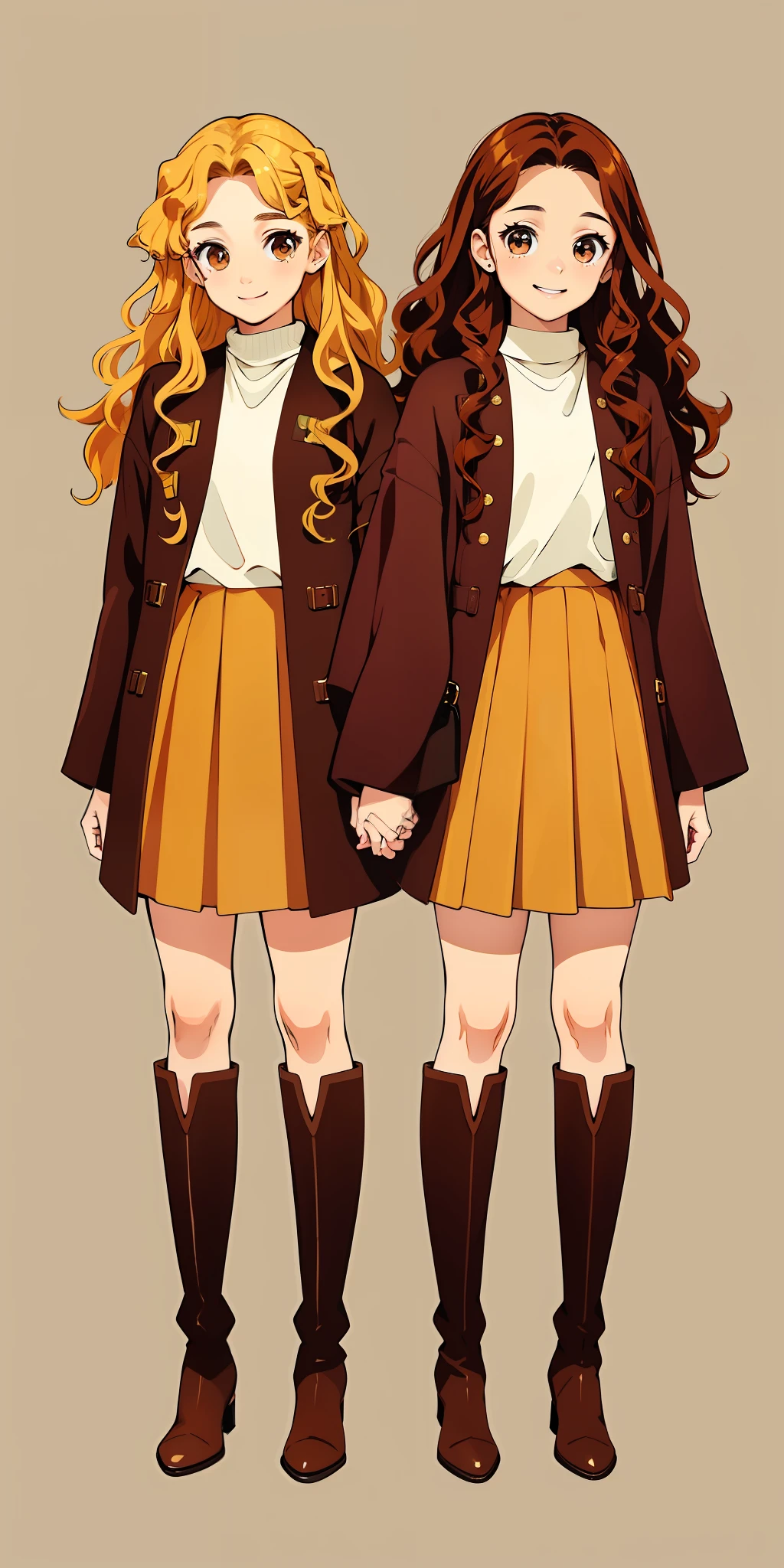 Woman, brown hair, curly hair, long hair, hazel eyes, extremely detailed, smile, casual clothes, same color outfits, full body shot, matching outfits, identical outfits, brown hair, blonde hair, different hair colors, twin sisters, knee high boots