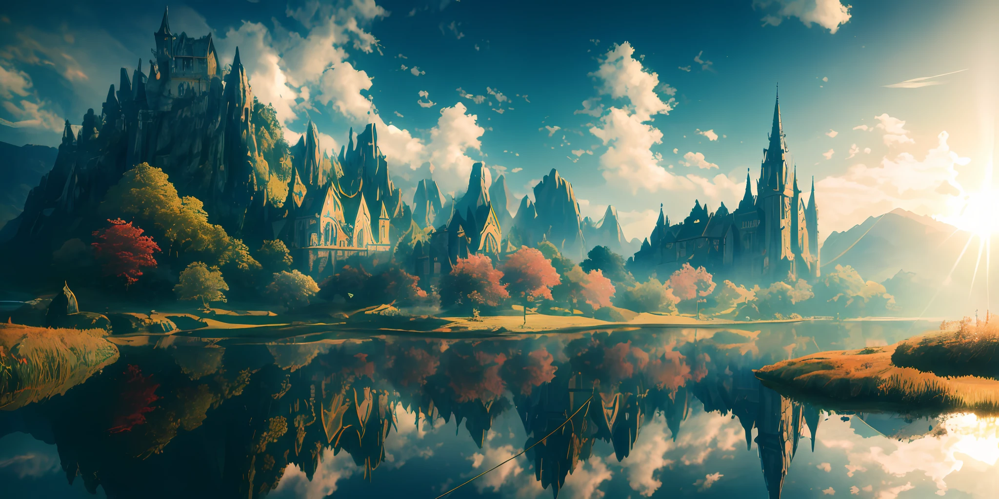 Masterpiece, best quality, high quality, extremely detailed CG 8k unit wallpaper, landscape, city style final dantasy, church, street, shop, forest, sky, cloud, sky, city dweller, mountain, landscape, water, tree, blue sky,,, nature, overcast sky, award-winning photography, bokeh, depth of field, HDR, bloom, chromatic aberration, photorealism, very detailed, trend in artstation, trend in CGsociety,  intricate, high detail, dramatic, art in the middle of the journey