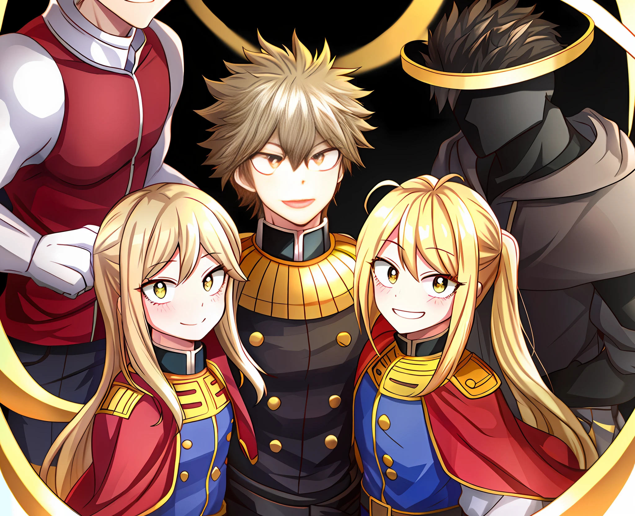 4men, Family Photo, Tall, My Hero Academia art style. Dark Background, Gold Frame