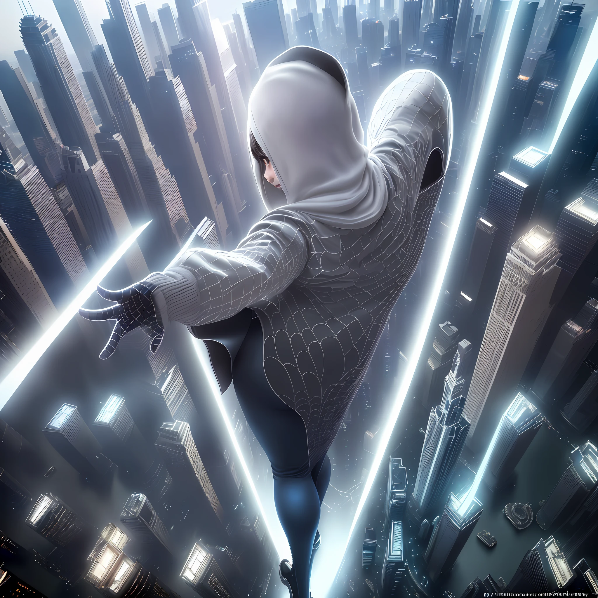 (Extreme Detail CG Unity 8K wallpaper, masterpiece, highest quality), (Exquisite lighting and shadow, highly dramatic graphics, Cinematic lens effect), (A girl in a white Spider-Man costume, from a parallel universe, city skyline in the background, dynamic pose), (excellent detail, outstanding lighting, wide angle), (excellent rendering, enough to stand out in its class)