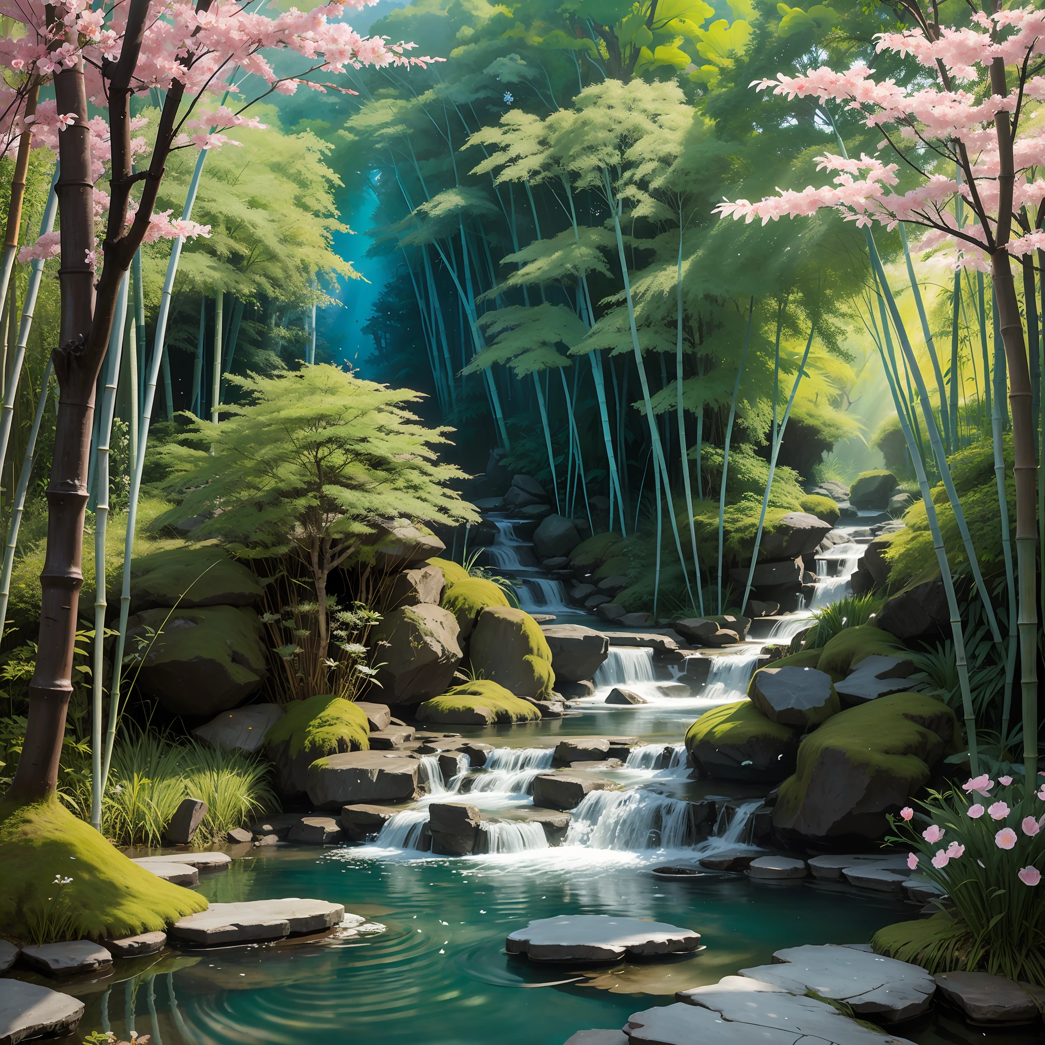 Magical epic ancient Chinese theme, ink style, fantasy style, martial arts style, temple, Chinese dragon, Chinese fairy tale, highly detailed, dynamic, expressive, clean lines, cinematic, amazing, realistic lights and shadows, vivid, vibrant, 8K, octane rendering, non-realistic engine, very detailed, concept art, realism, cry engine. , long black hair, braids, jewel-like black eyes, luxury, exquisite and gorgeous Hanfu, broken feeling, bamboo forest, forest in (((stream)))), forest ((((flowers and trees)))), red and black tones, bamboo forest, outdoors, glowing bamboo, highest quality, masterpiece, masterpiece, ultimate detail, peerless beauty, 8k, gorgeous light and shadow, messy hair, delicate hairstyle, exquisite facial features, delicate hair portrayal, (original painting), flowing, white yarn, dewdrop, pearl bamboo leaves, pearl