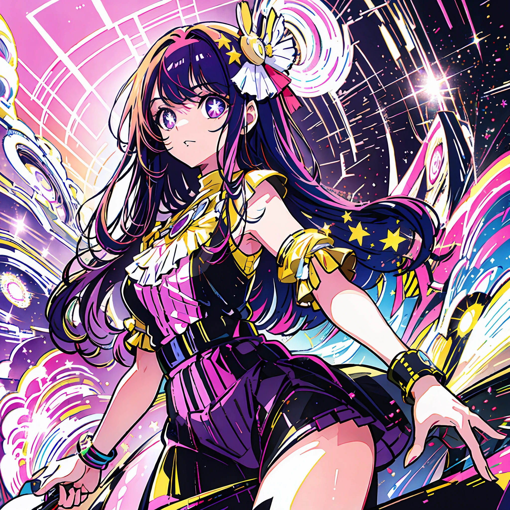 1girl, solo ,idol outfit, bangs, happy ,posing , multicolored hair, (masterpiece:1.2), highres, best quality, 8k, white background, purple hair, star eye pupils, pink eyes , mouth open