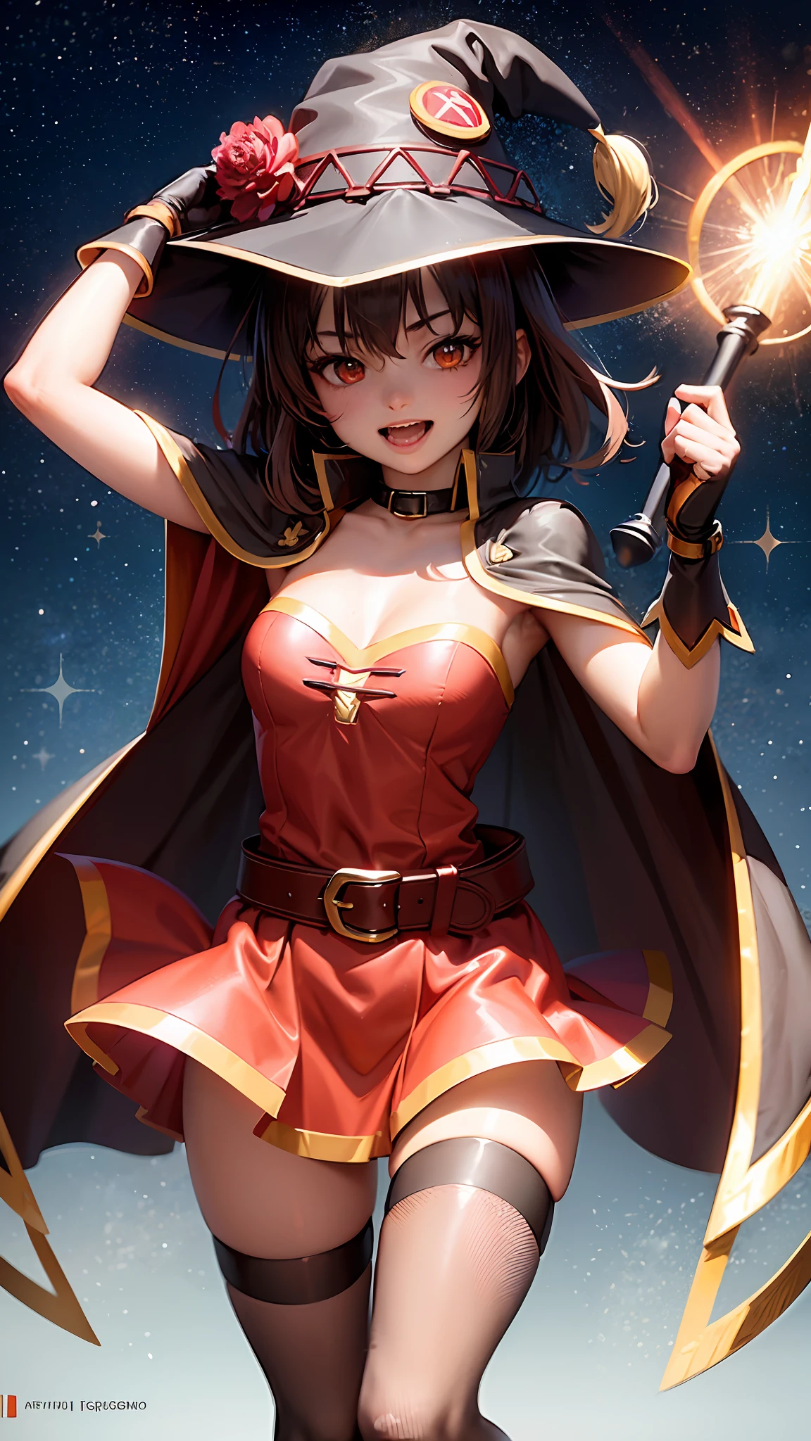 Megumin sexy ((best quality)), ((masterpiece)), (detailed), ultra detailed, a girl, solo look, looking at the viewer, (interview: 1.3), beam, belt, black hair, brown hair, cape, collar, diffraction_spikes, dress, eyebrows visible through hair, fingerless gloves, gloves, glitter, glowing weapon, hat, megumin, open mouth, red dress, red eyes, short hair, small breasts, solo, witch hat of the staff, correct anatomy, masterpiece, best quality, (masterpiece), (best quality: 1.4), (ultra highres: 1.2), (hyper-realistic: 1.4), (photorealistic: 1.2)