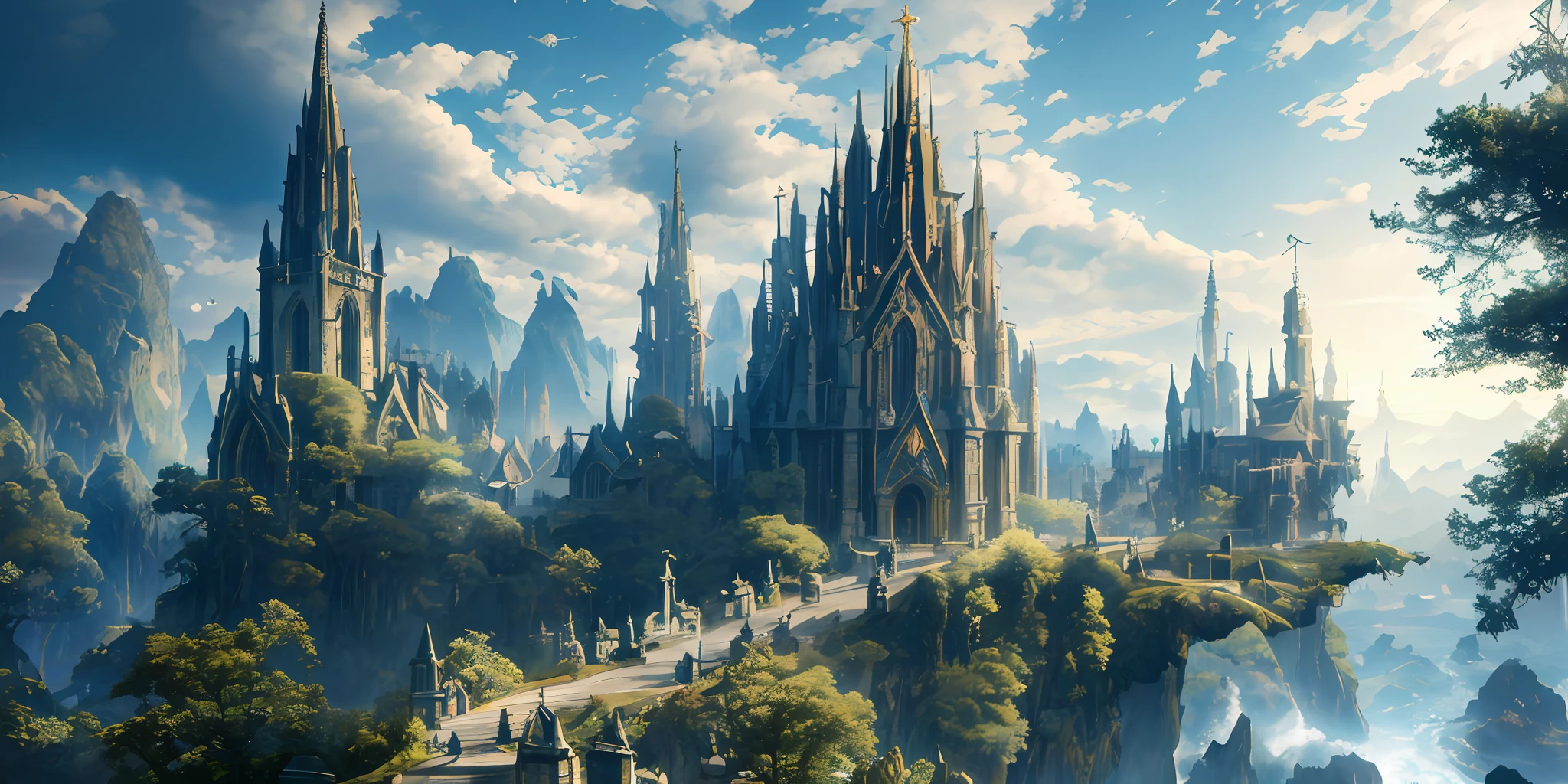 Masterpiece, best quality, high quality, extremely detailed CG 8k unit wallpaper, landscape, final fantasy XIII style city, church, street, shop, forest, sky, cloud, sky, city dweller, landscape, water, tree, blue sky,,, nature, overcast sky, award-winning photography, bokeh, depth of field, HDR, bloom, chromatic aberration, photorealism, very detailed, trend in artstation, trend in CGsociety,  intricate, high detail, dramatic, art in the middle of the journey