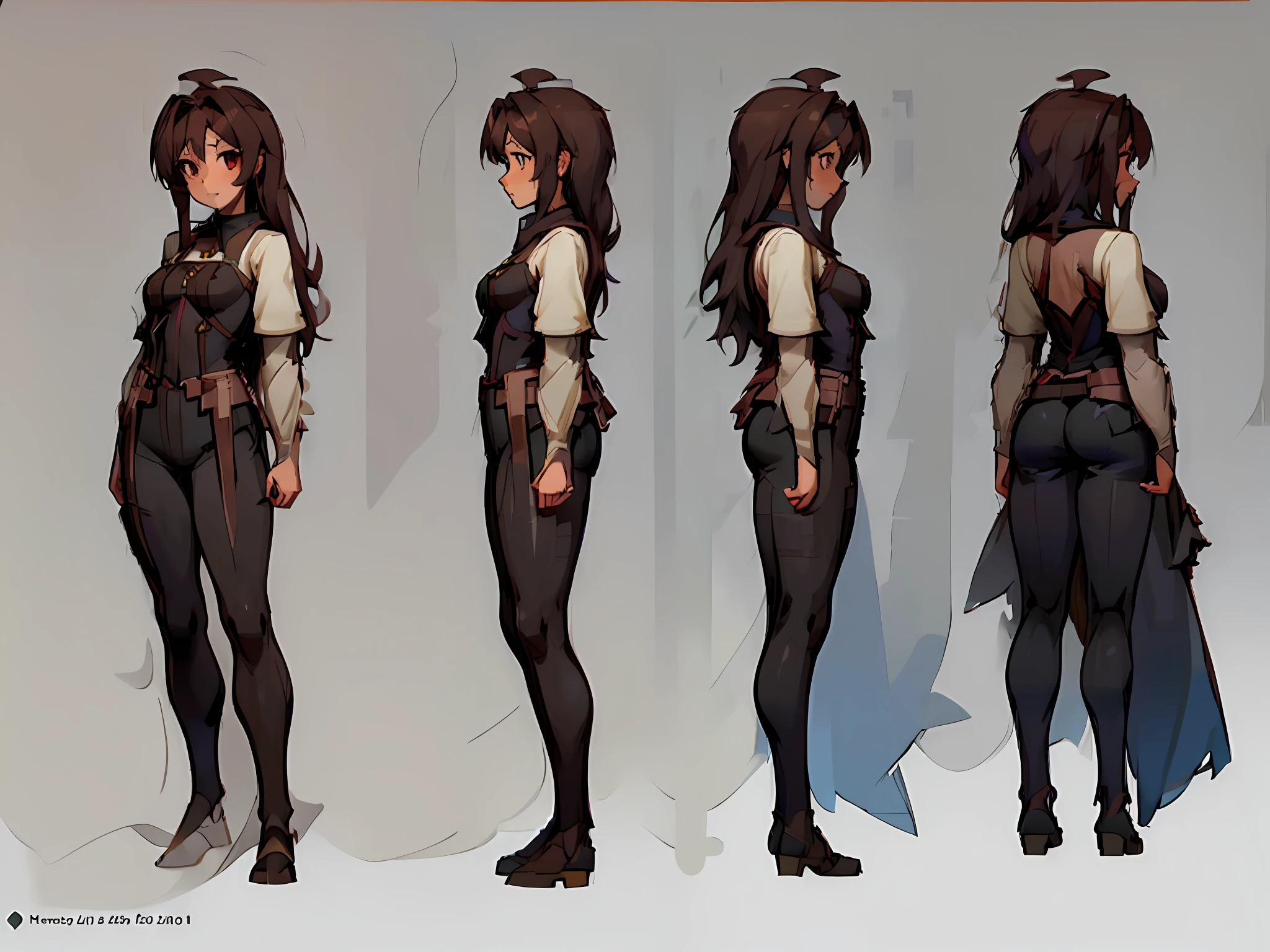 ((masterpiece)),(((best quality)),((character design sheet, same character, front, side, back)),illustration,1 girl, long hair, brown hair, beautiful eyes, environment Scene change, pose too, female werewolf, thighs, charturnbetalora, (single background, white background: 1.3), small breasts, neckline, lifesaving cloths
