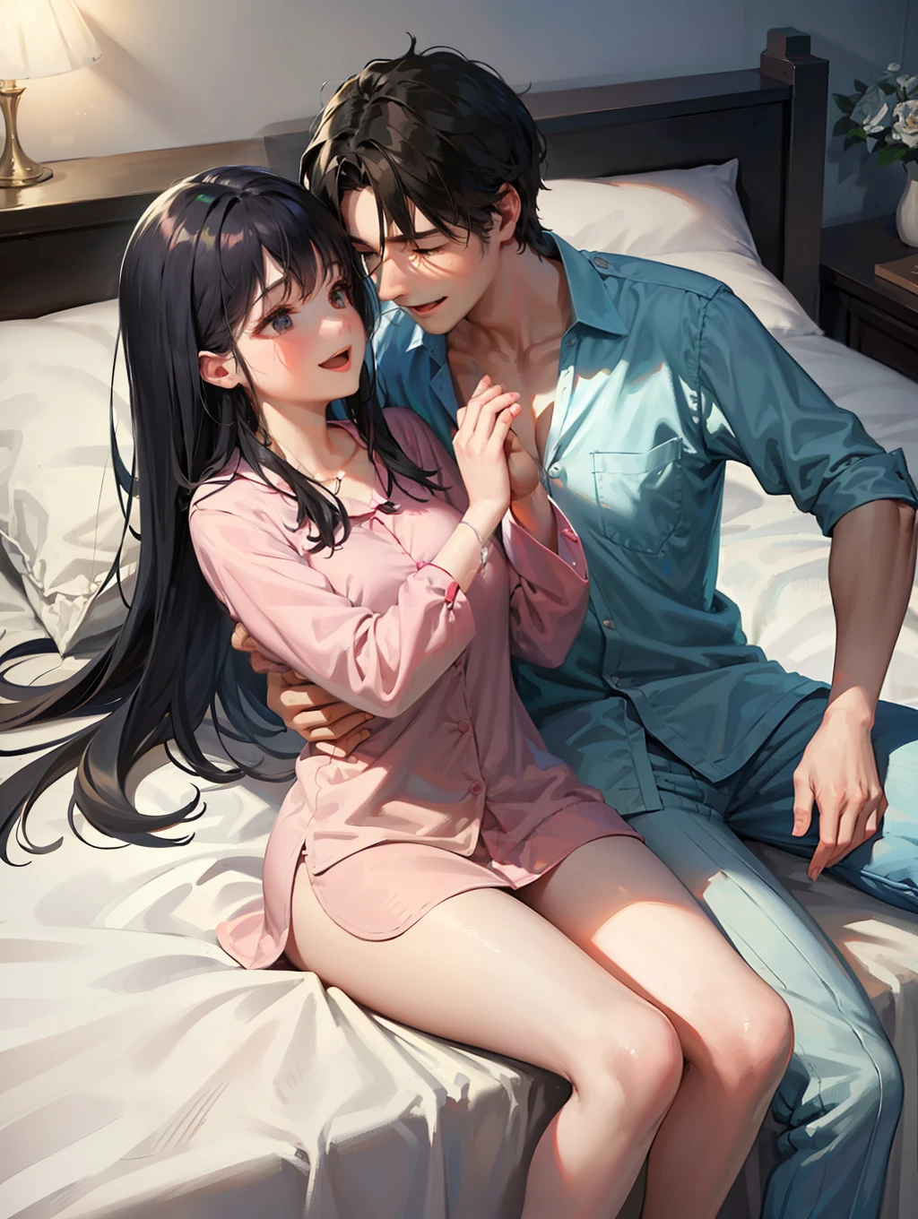 (a woman and a man: 1.5), sharing bed, early in the morning, under the covers, with a joyful expression, in pajamas