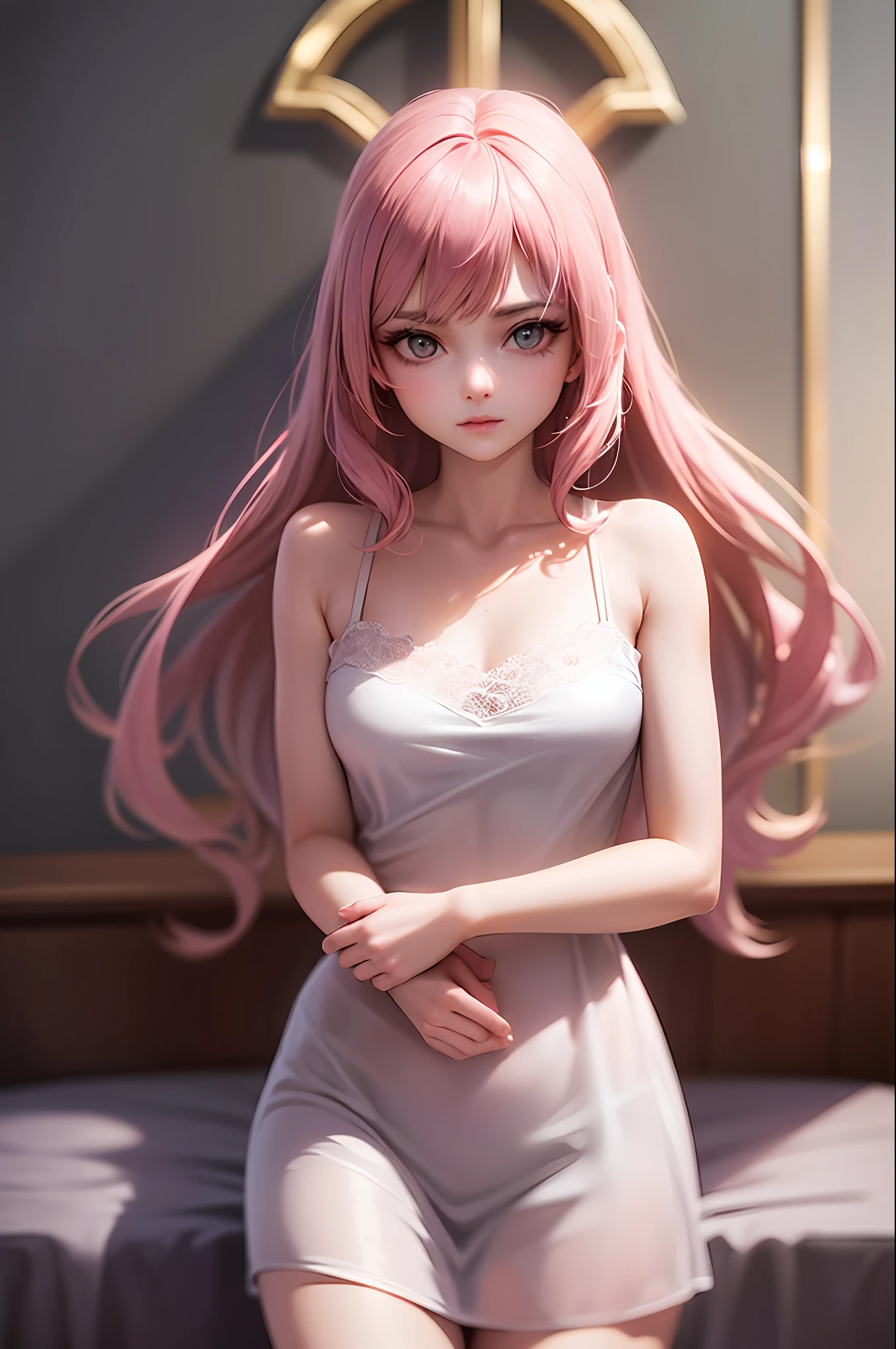 masterpiece, best quality, high quality, High definition, High quality texture, High quality shadow, high detail, beautiful detailed, finely detailed, extremely detailed cg, detailed texture, a realistic representation of the face, realistic, colorful, delicate, Cinematic Light, sidelighting, Lens Flare, Ray tracing, sharp focus, (1girl:1.3), (intricate details, makeup, PureErosFace_V1:0.5), (detailed beautiful delicate face, detailed beautiful delicate eyes, a face of perfect proportion, high detailed skin, detailed skin, best ratio four finger and one thumb, arms under breast, wide hips, smooth midriff, skinny and thin, nightdress fashion, pink hair:1.3), bed room location