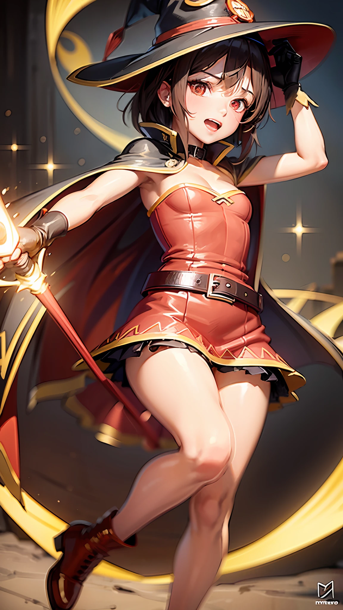 Megumin sexy ((best quality)), ((masterpiece)), (detailed), ultra detailed, a girl, solo look, looking at the viewer, (interview: 1.3), beam, belt, black hair, brown hair, cape, collar, diffraction_spikes, dress, eyebrows visible through hair, fingerless gloves, gloves, glitter, glowing weapon, hat, megumin, open mouth, red dress, red eyes, short hair, small breasts, solo, witch hat of the staff, correct anatomy, masterpiece, best quality, (masterpiece), (best quality: 1.4), (ultra highres: 1.2), (hyper-realistic: 1.4), (photorealistic: 1.2)