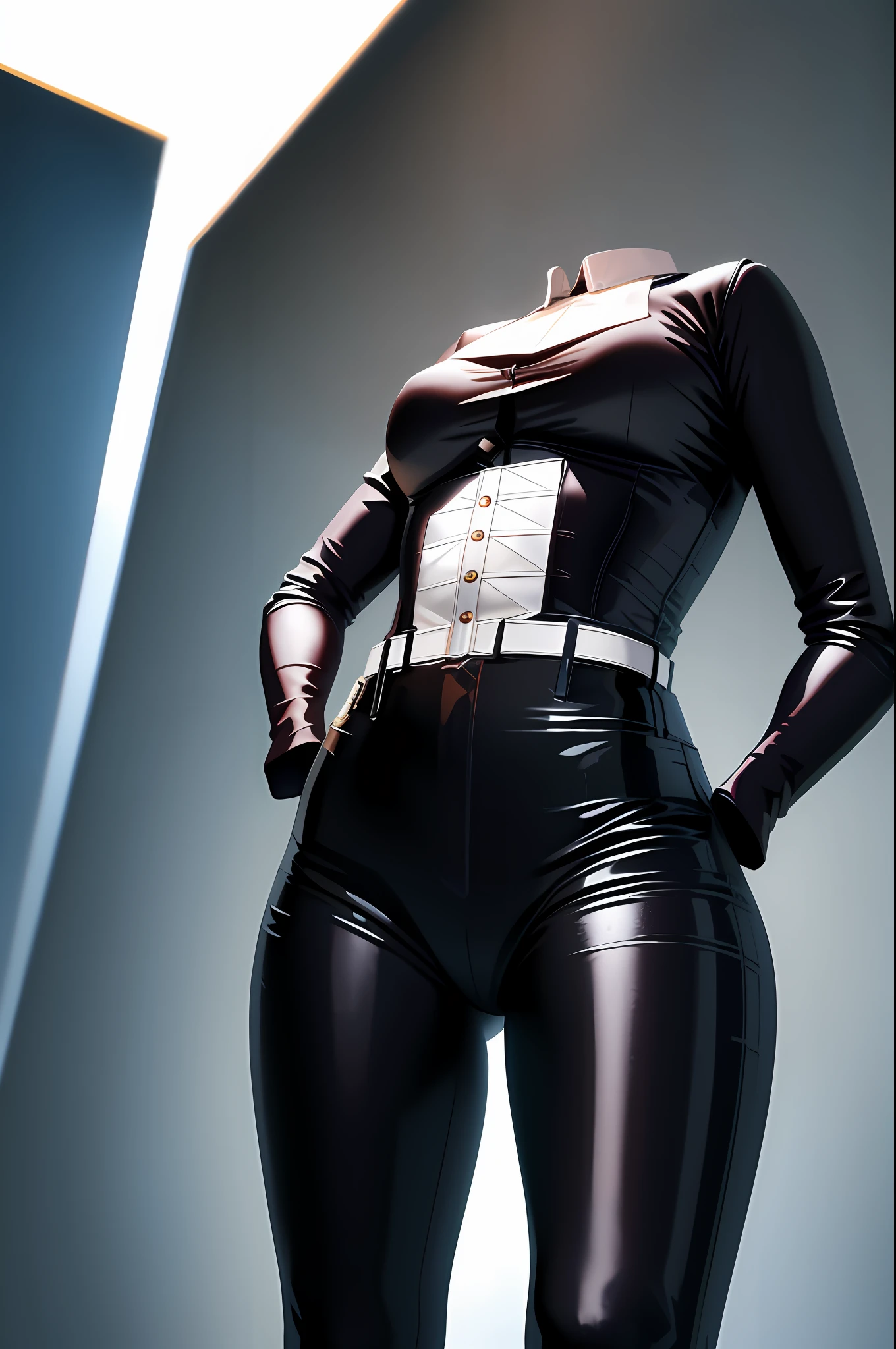 (masterpiece: 1.4), (best quality), (detailed), 1girl, ((invisible)), no humans, no face, no head, no eyes, sleveeless blouse, black leather pants, large breasts, visible, from below, white background