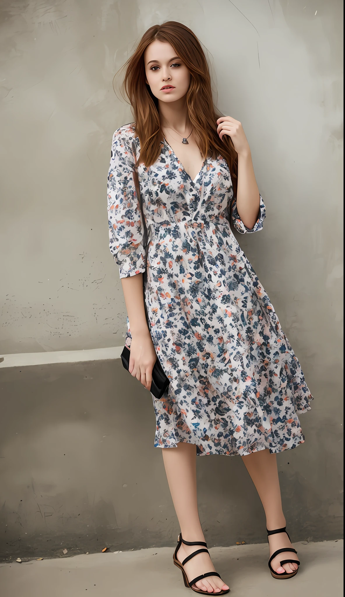 2. Casual Comfort: Printed Dress + Flat Sandals

This combination is easy-going and comfortable. A classic, stylish dress with clear printed patterns showcases both elegance and girlishness which matches well with flat sandals that are not only safe but also easy to wear. You can also choose a small backpack as decoration to complement your outfit. Full-length photo, look at the camera, 8K, HD, single-lens reflex camera, high image quality, realism, shallow depth of field (0.8).