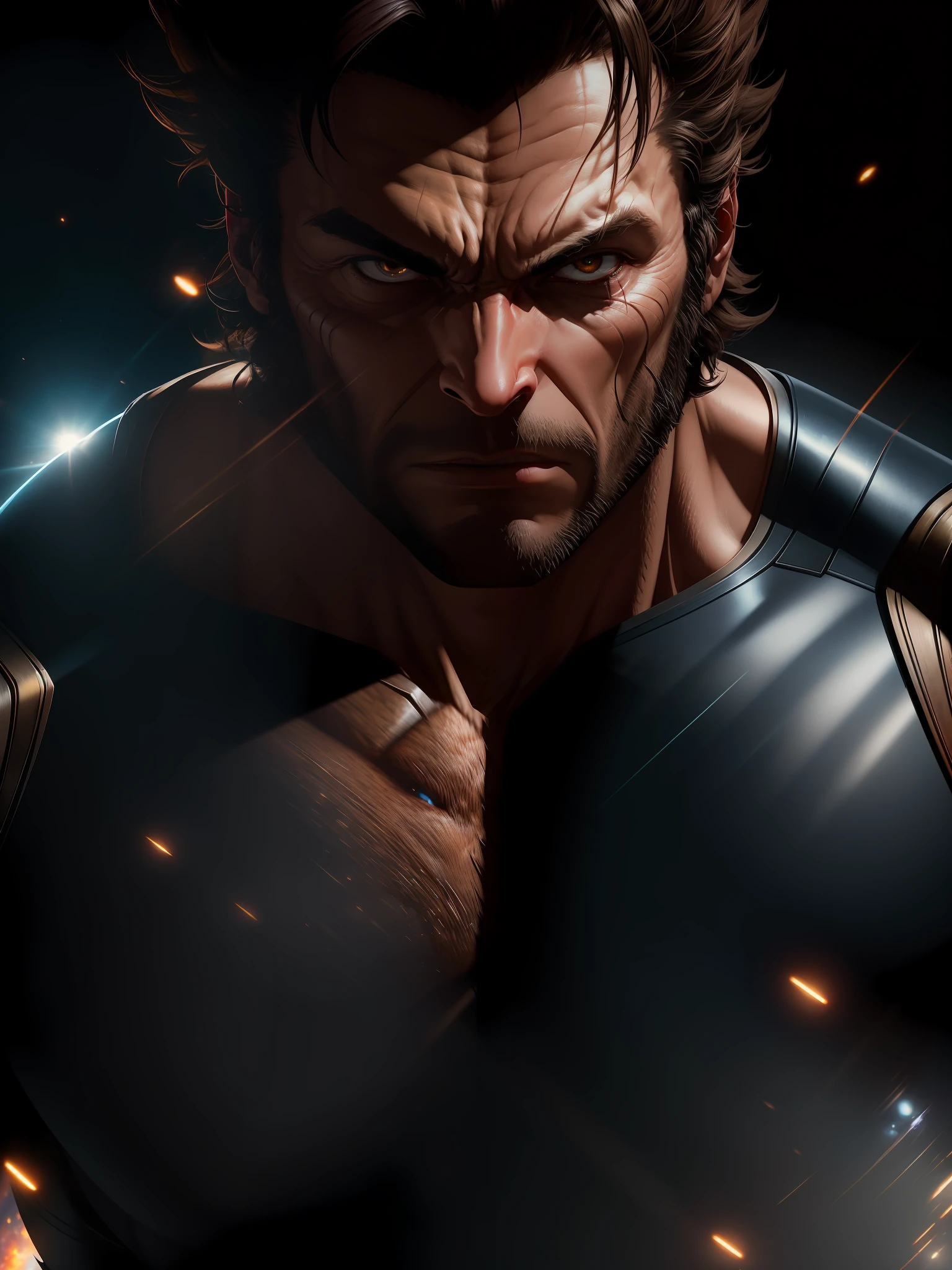 Scene from Movie, Wolverine from Marvel Close-Up Shot, Distorted Space, Distorted Undead in the Background, Lens Flares, Light Shafts, Intricate Details, High Detailed, Volumetric Lighting, 4k Rendering, Stock Photo, Hyper-Realistic, Realistic Textures, Dramatic Lighting, Unreal Engine